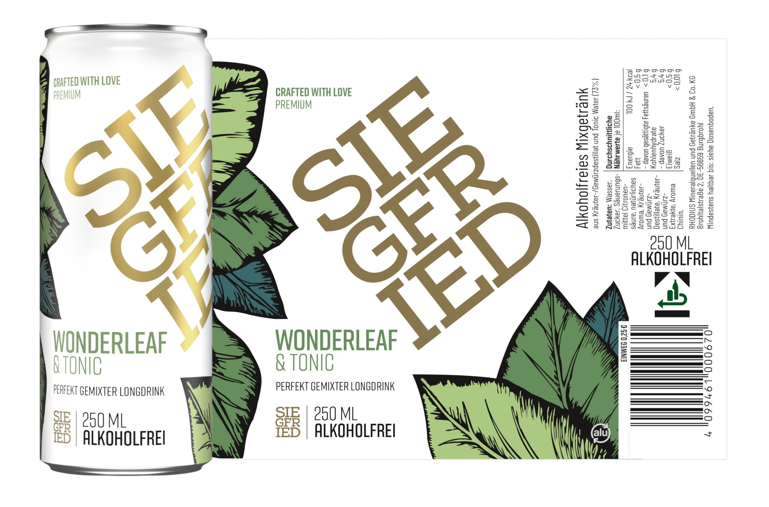 Siegfried Wonderleaf & Tonic | Alkoholfrei | Mit perfekt abgestimmtem Tonic Water I Ready-to-Drink | 12 x 250ml Dose | EINWEG | Made in Germany