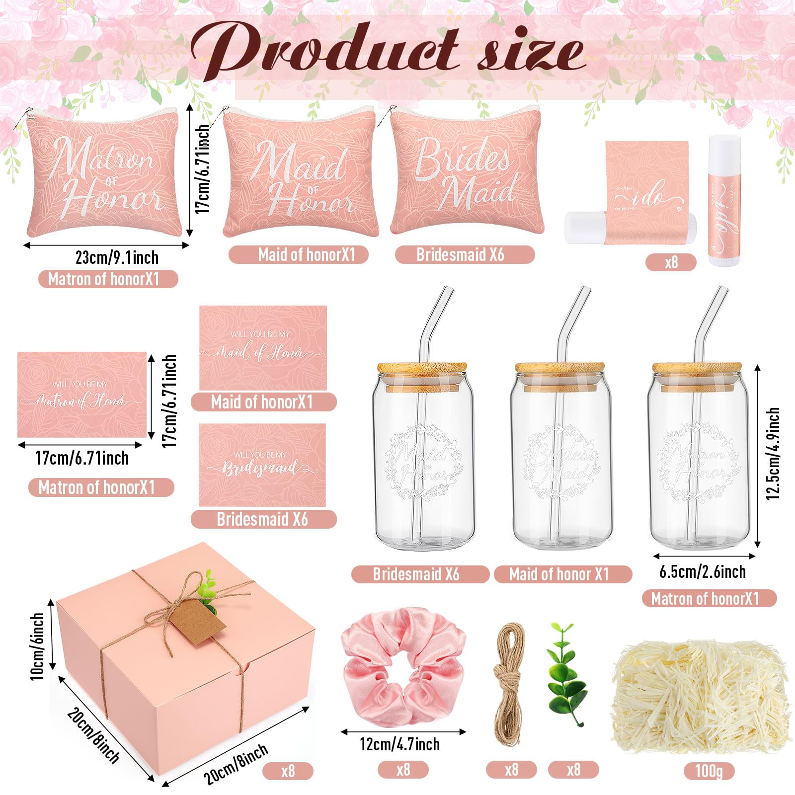 FillTouch 56 Stück Brautjungfern-Antragsgeschenke Brautdusche Geschenke inklusive Geschenk-Box Glasbecher Kosmetik-Make-up-Taschen Einladungskarten Lippenbalsam Haargummis Haar geknotete Armbänder