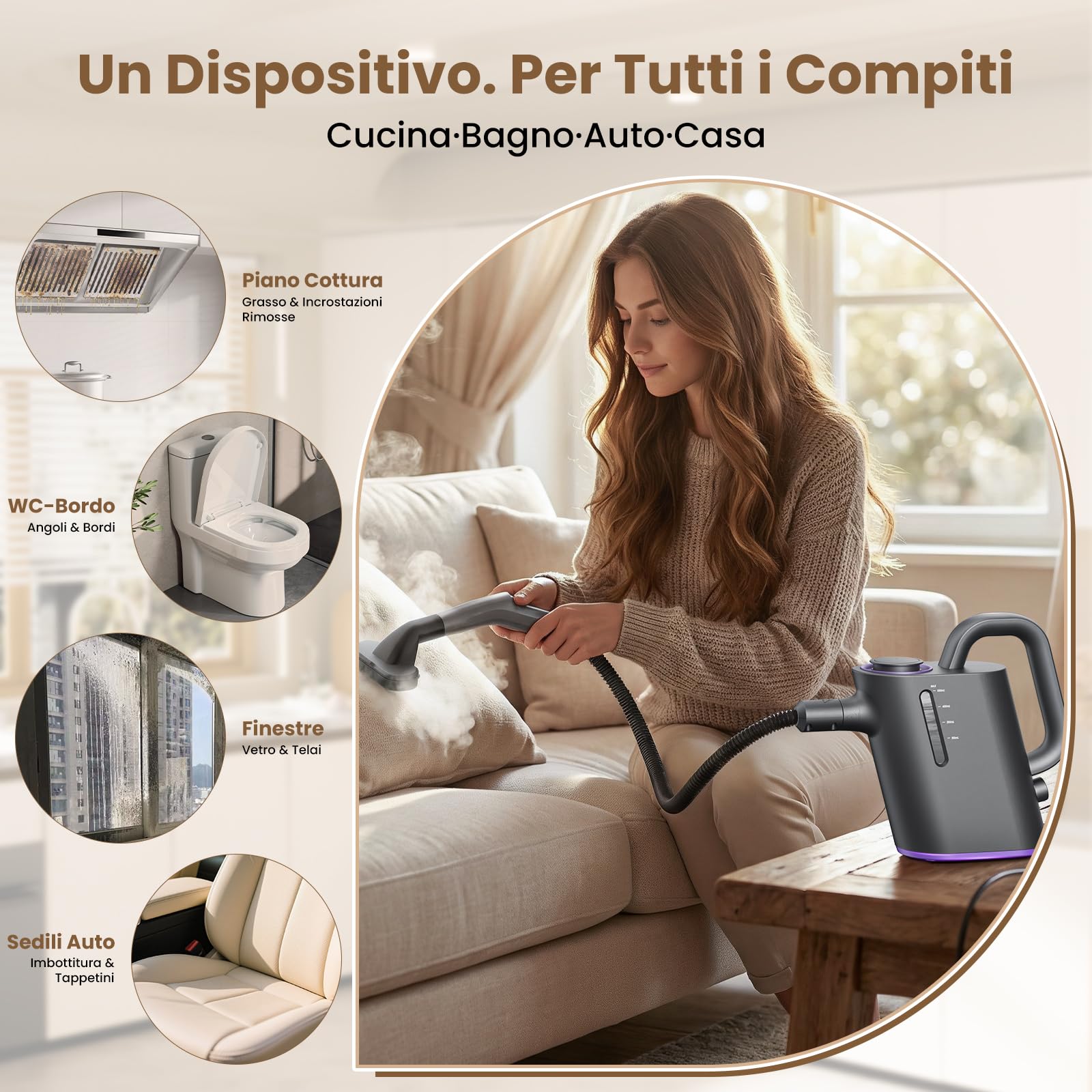 Pulitore a Vapore Portatile 15 Sec di Riscaldamento, 550 ml Serbatoio | con 16 Accessori Per Cucina, Bagno, Giunti, Finestre, Auto e Tappezzeria, Senza Prodotti Chimici,Vapore caldo a 100°C