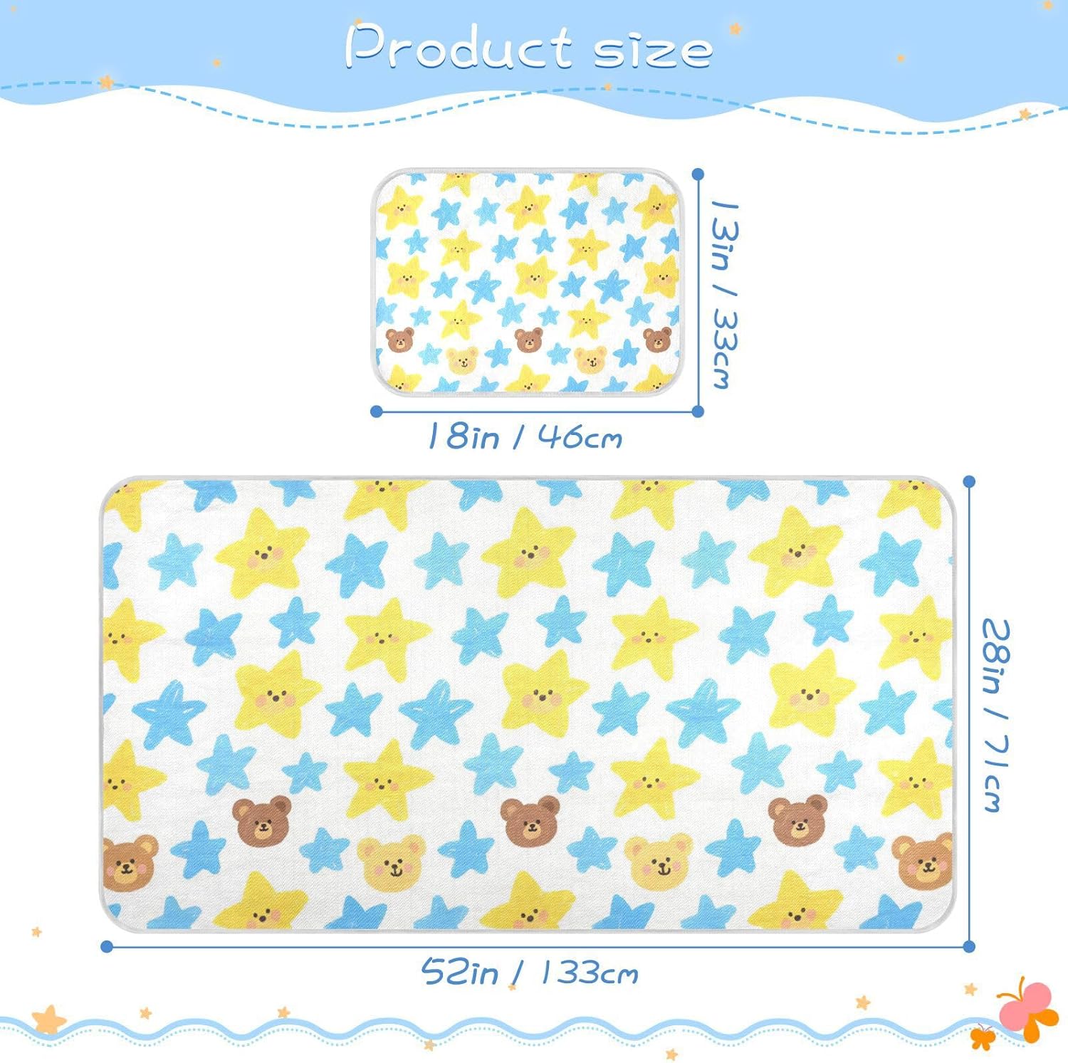 Cantoon Blue Yellow Stars Cute Bears Cooling Baby Mattress Topper 28" x 52" Breathable Mattress Protector Pads for Baby&Toddler