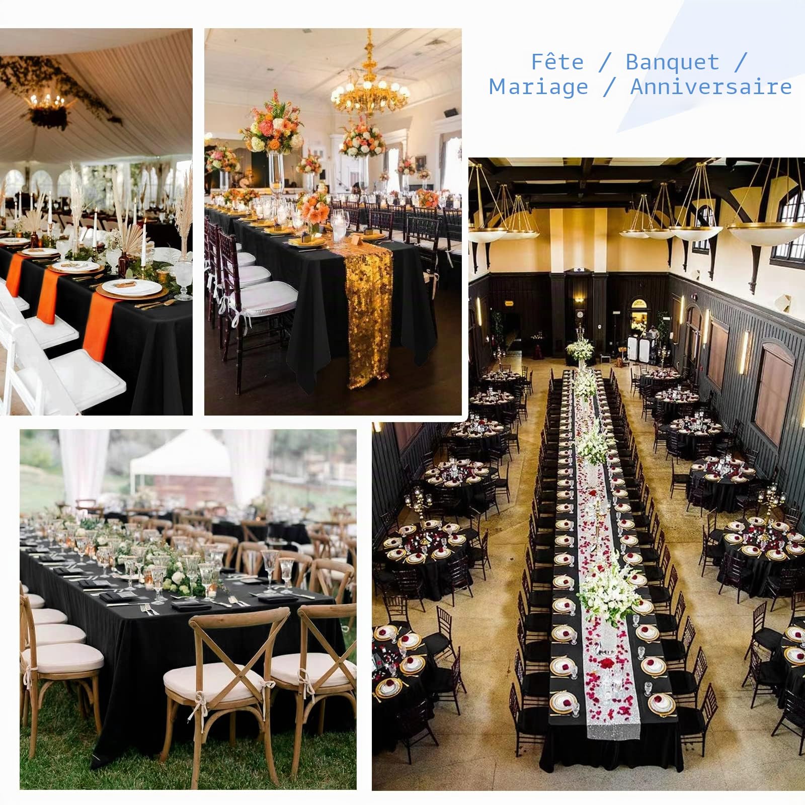Lot de 8 nappes en polyester noir-Nappe rectangulaire noire de 153 x 260 cm pour tables rectangulaires de 6 pieds/1,8m, couverture de table en tissu lavable pour mariage/buffet/table à manger