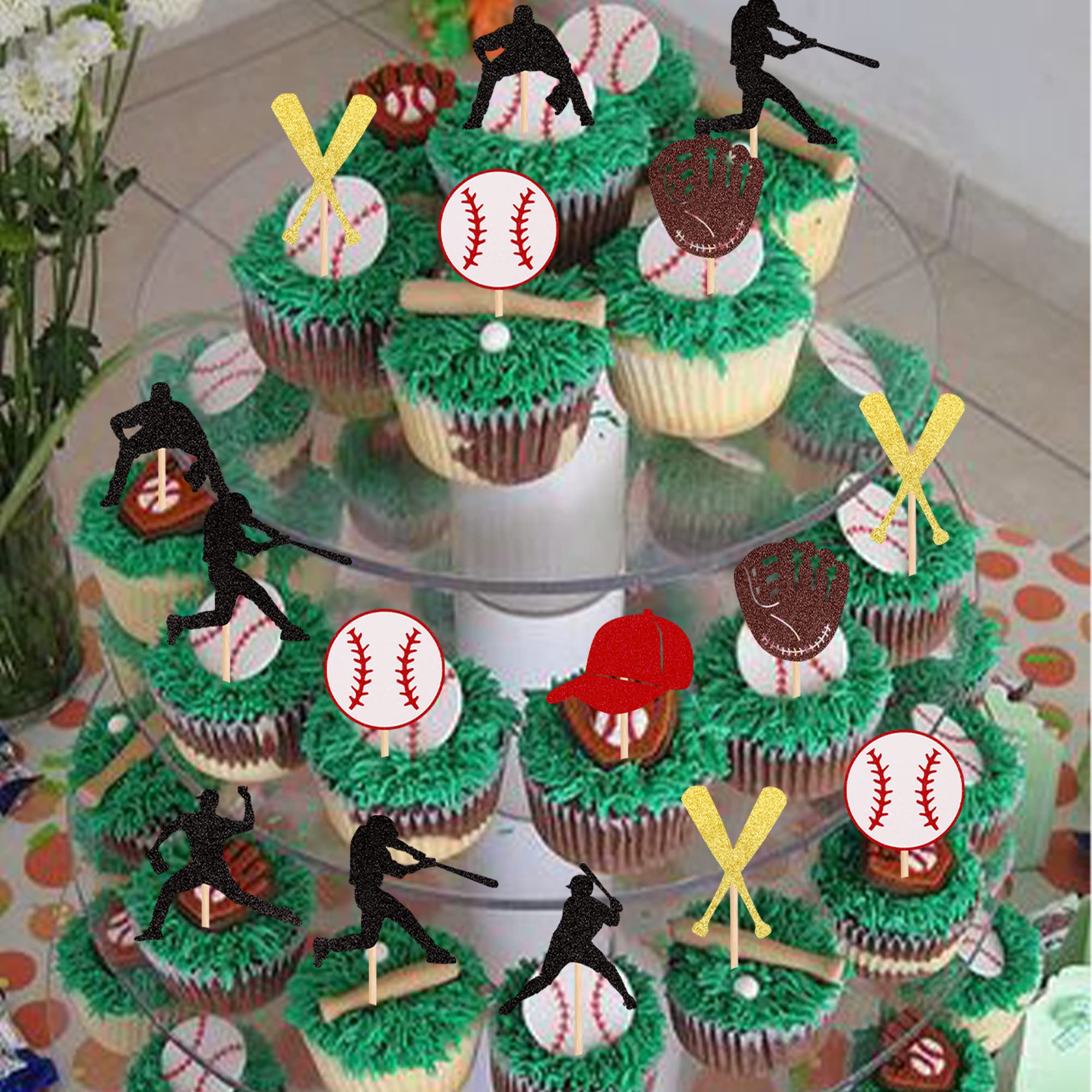 24 PCS Baseball Glitter Cupcake Toppers - Sports Theme Party Decor For Baby Shower & Kids Birthday