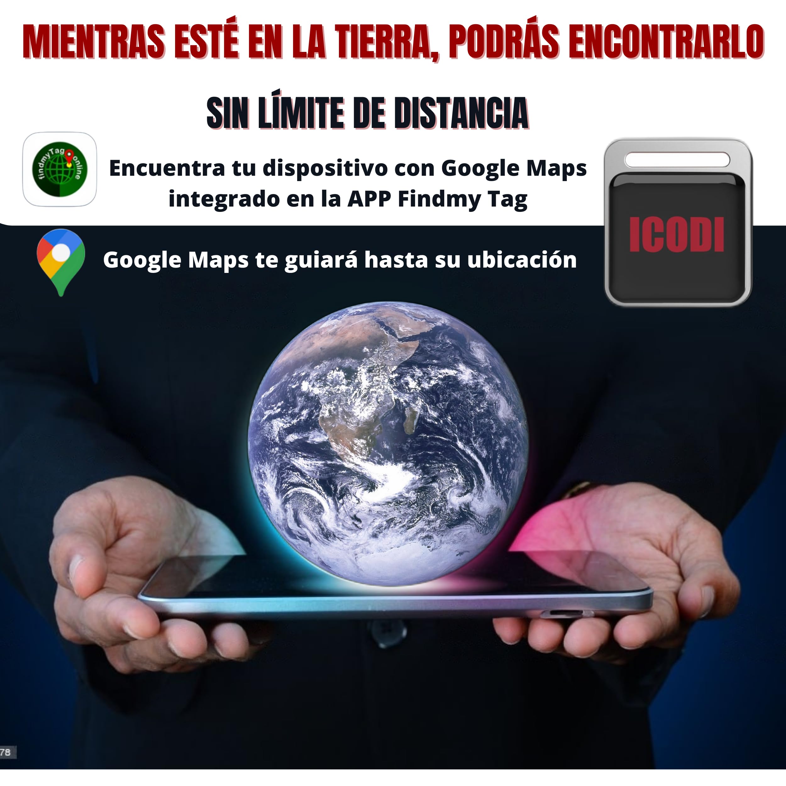 ICODI Localizador GPS para Coche sin Tarjeta SIM sin Límite de Distancia sin Suscripción, 1 Año de Batería, Android e iOS, Google MAPS Integrado Rastreador Bluetooth Moto,Niños,Ancianos y Objetos