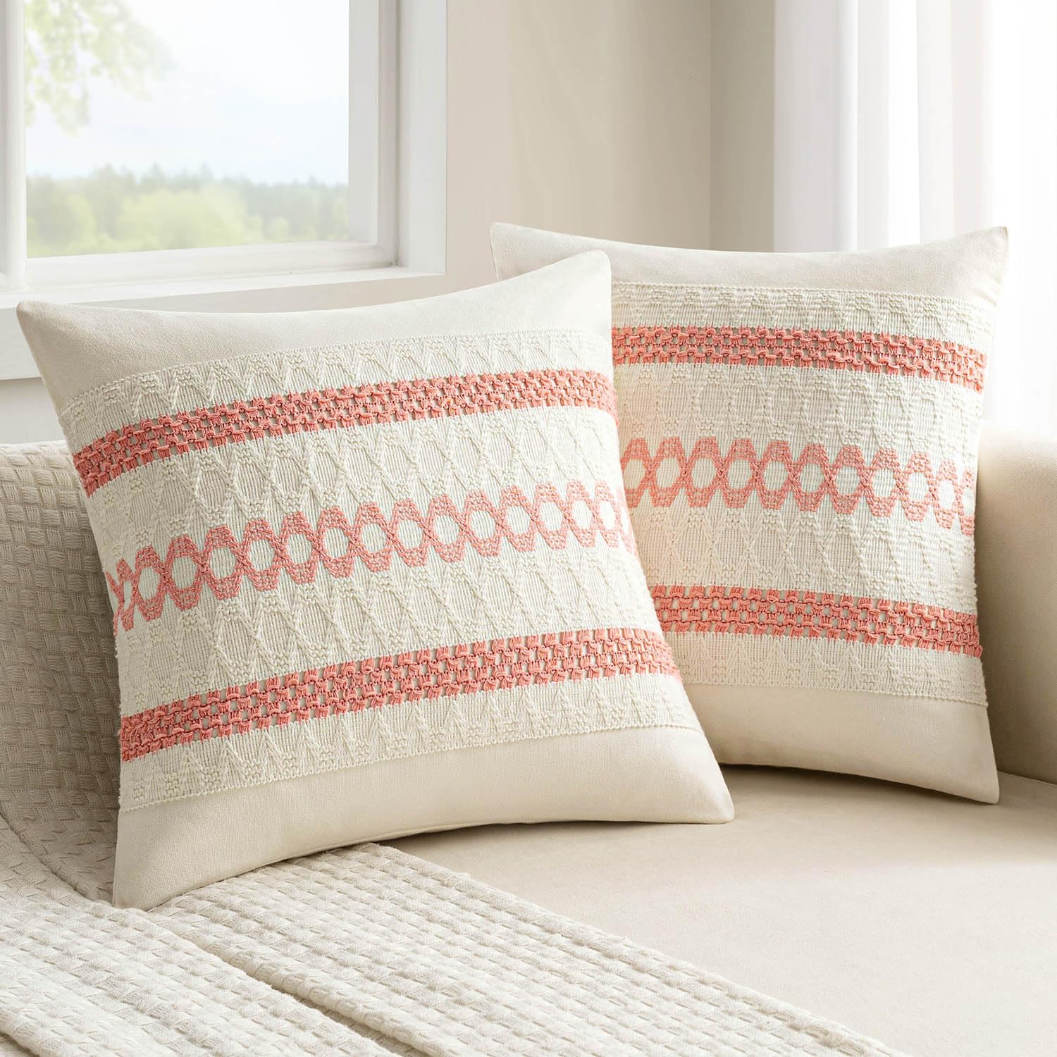 MIULEE Set of 2 Coral Red Boho Decorative Pillow Covers 20x20 Inch