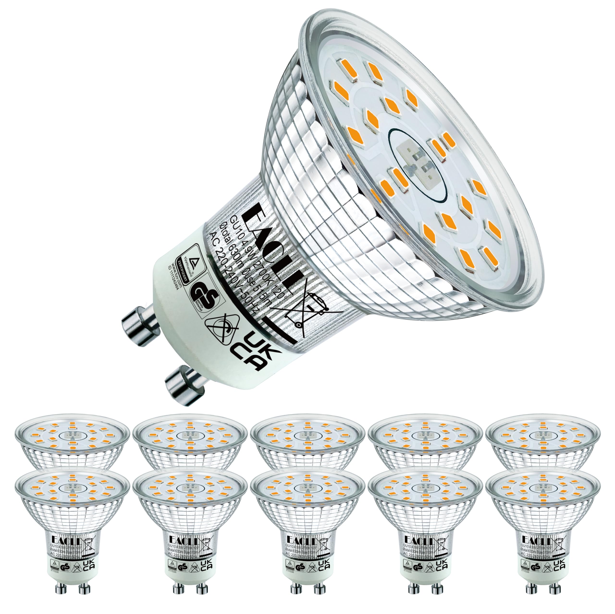 EACLL GU10 LED 4.9W Warmweiss/Neutralweiss/Kaltweiss Ersetzt 70W/75W Halogen Leuchtmittel, 2200K/2700K/4000K/6000K, AC 230V Strahler, 120°Spot, Nicht Dimmbar Reflektorlampen, 4/6/8/10/20er Pack