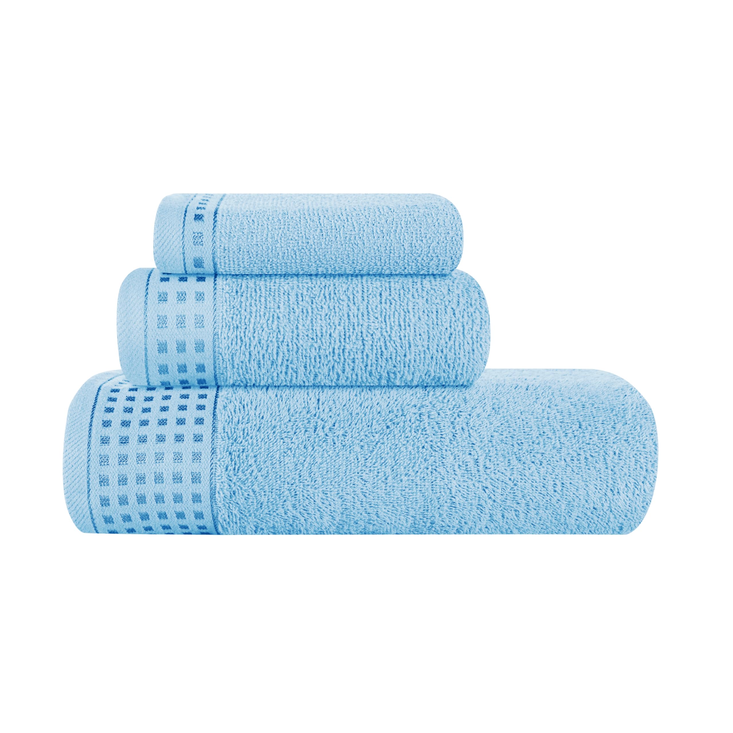 GLAMBURG Ultra Soft 3 Pack Cotton Towel Set, Contains a Bath Towel 28x55 inch, a Hand Towel 16x24 inch &amp; a Wash Coth 12x12 inch, Ideal Everyday use, Compact &amp; Lightweight - Sky Blue