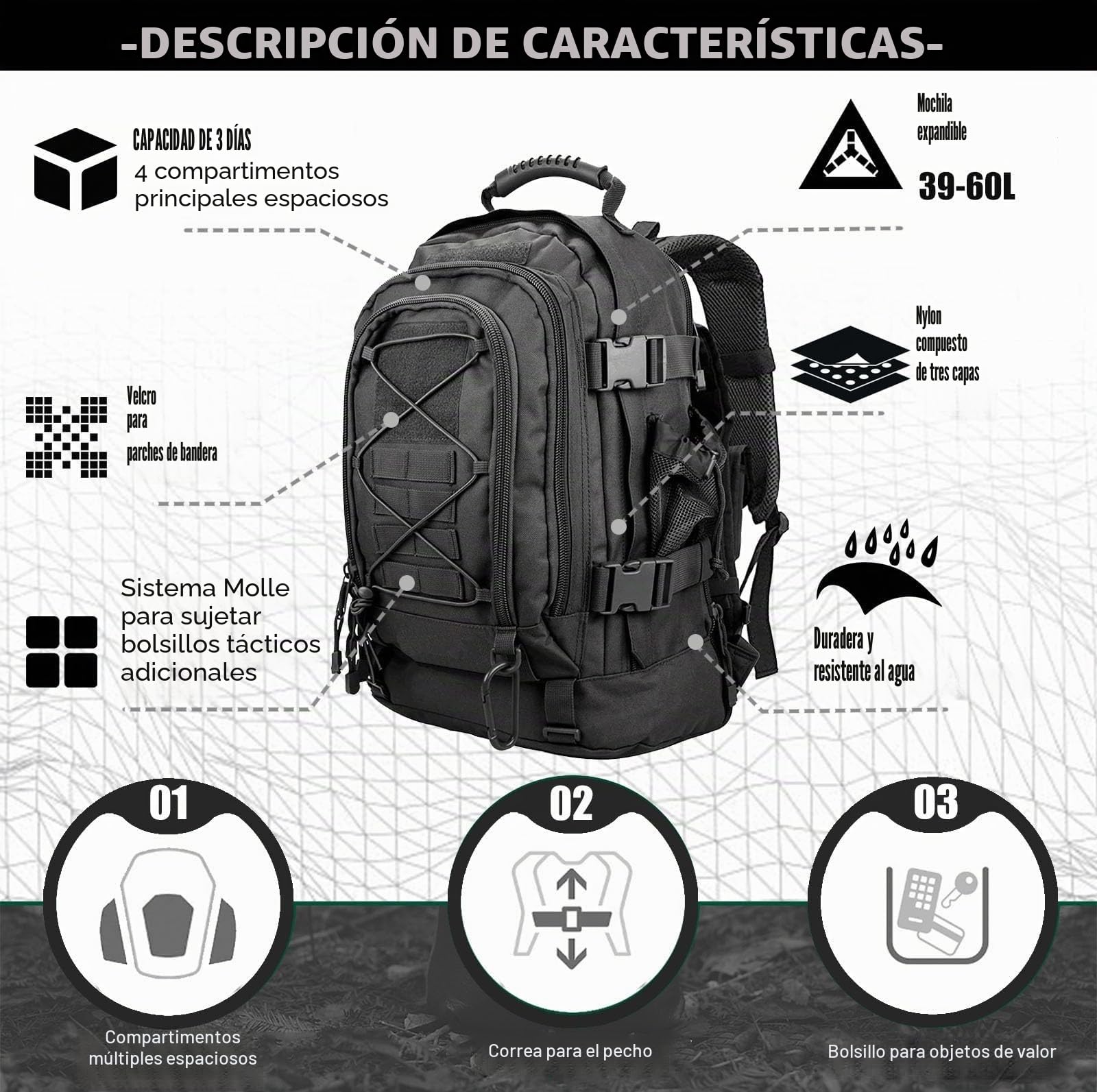 Miramrax - Mochila táctica militar del ejército, mochila de asalto para hombre, mochila de supervivencia, bolsa de 3 días para senderismo