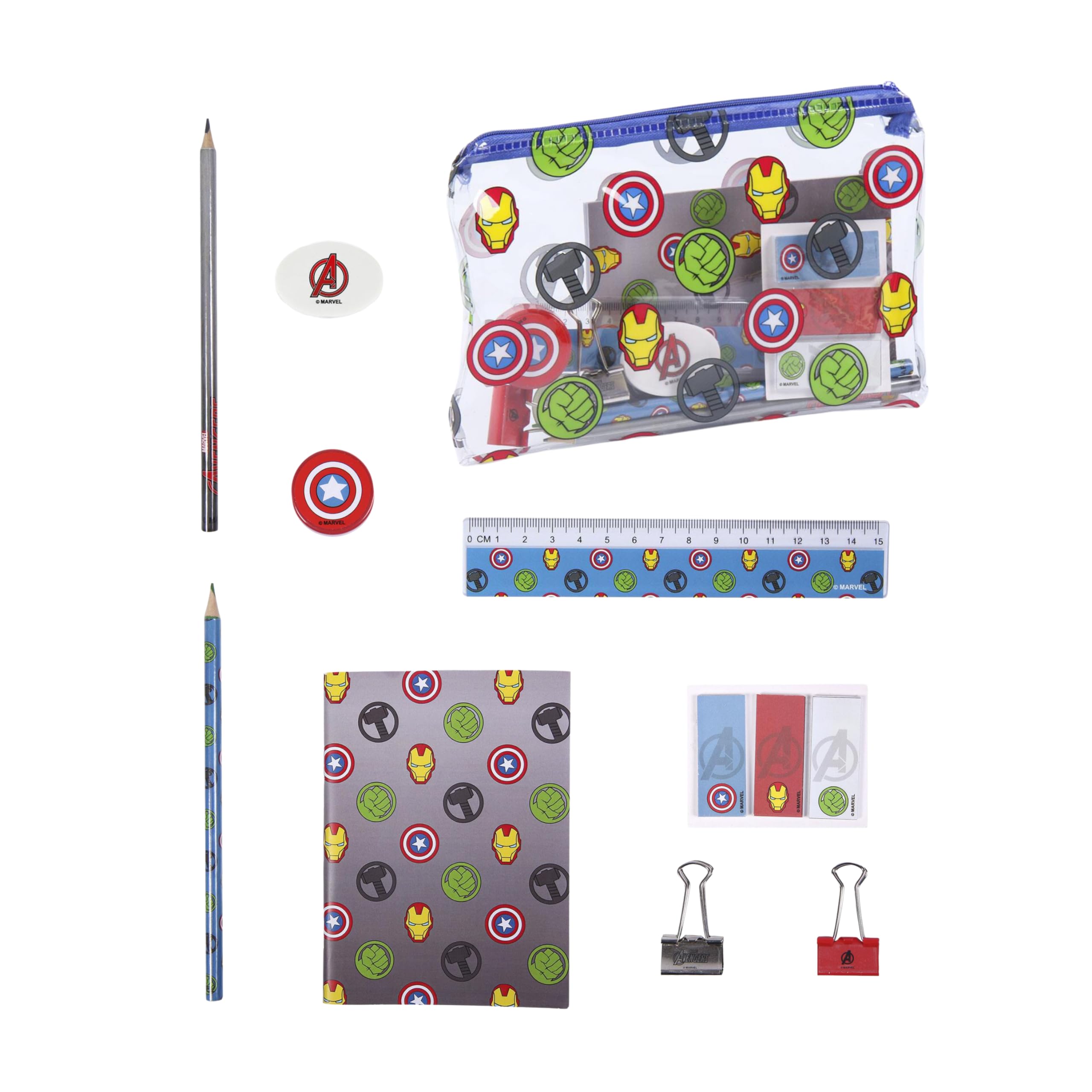Marvel Avengers Juego de Papelería, Incluye Lápices, Regla, Cuaderno A6, Borrador, Sacapuntas, Notas Adhesivas, Clips, Estuche, Set Escolar para Niños