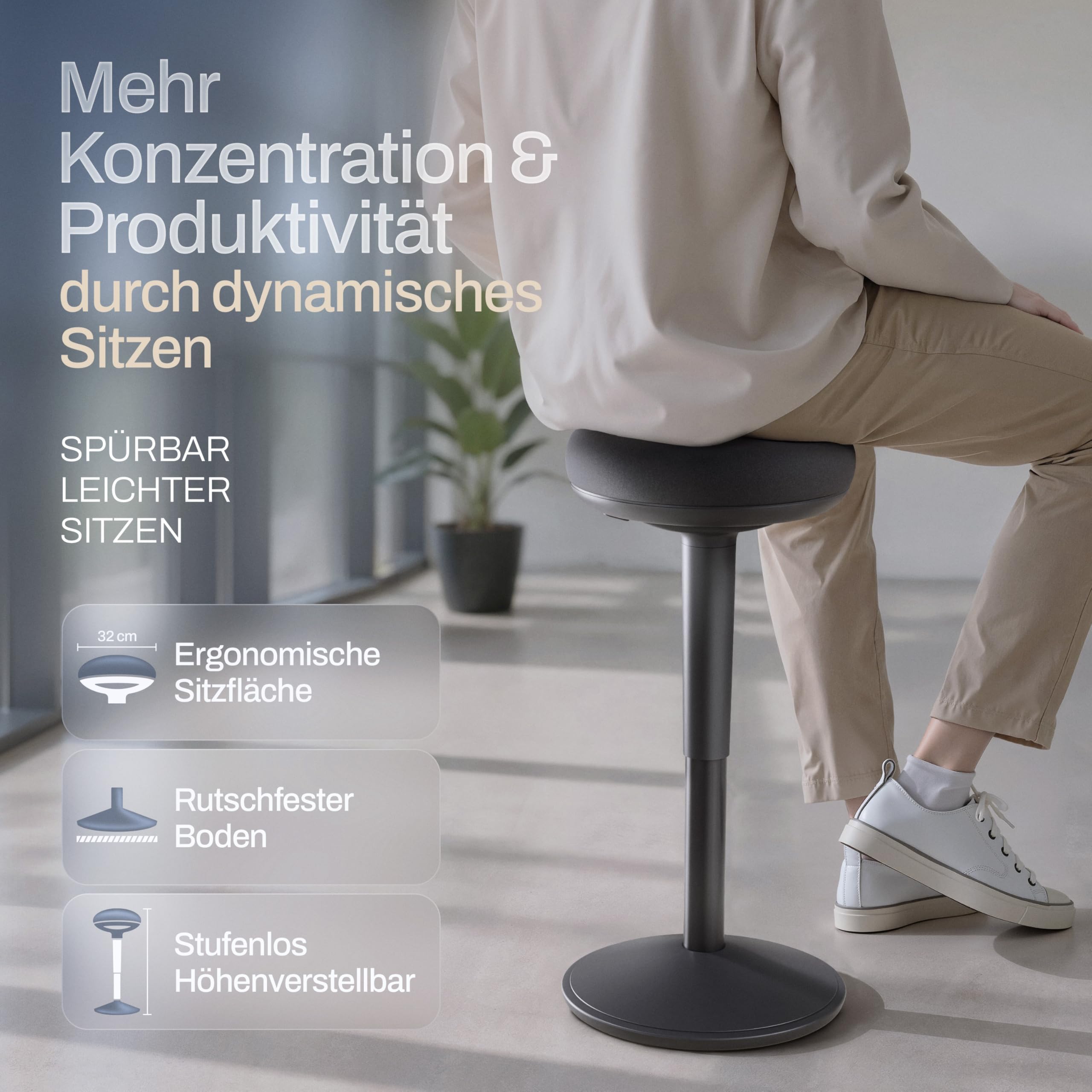 Bürohocker ergonomisch [Zertifiziert] 2in1 Sitzhocker & Stehhocker höhenverstellbar | Ergonomischer Hocker Schwarz für Büro und Schreibtisch - Wackelhocker + Pendelhocker mit Schwingeffekt