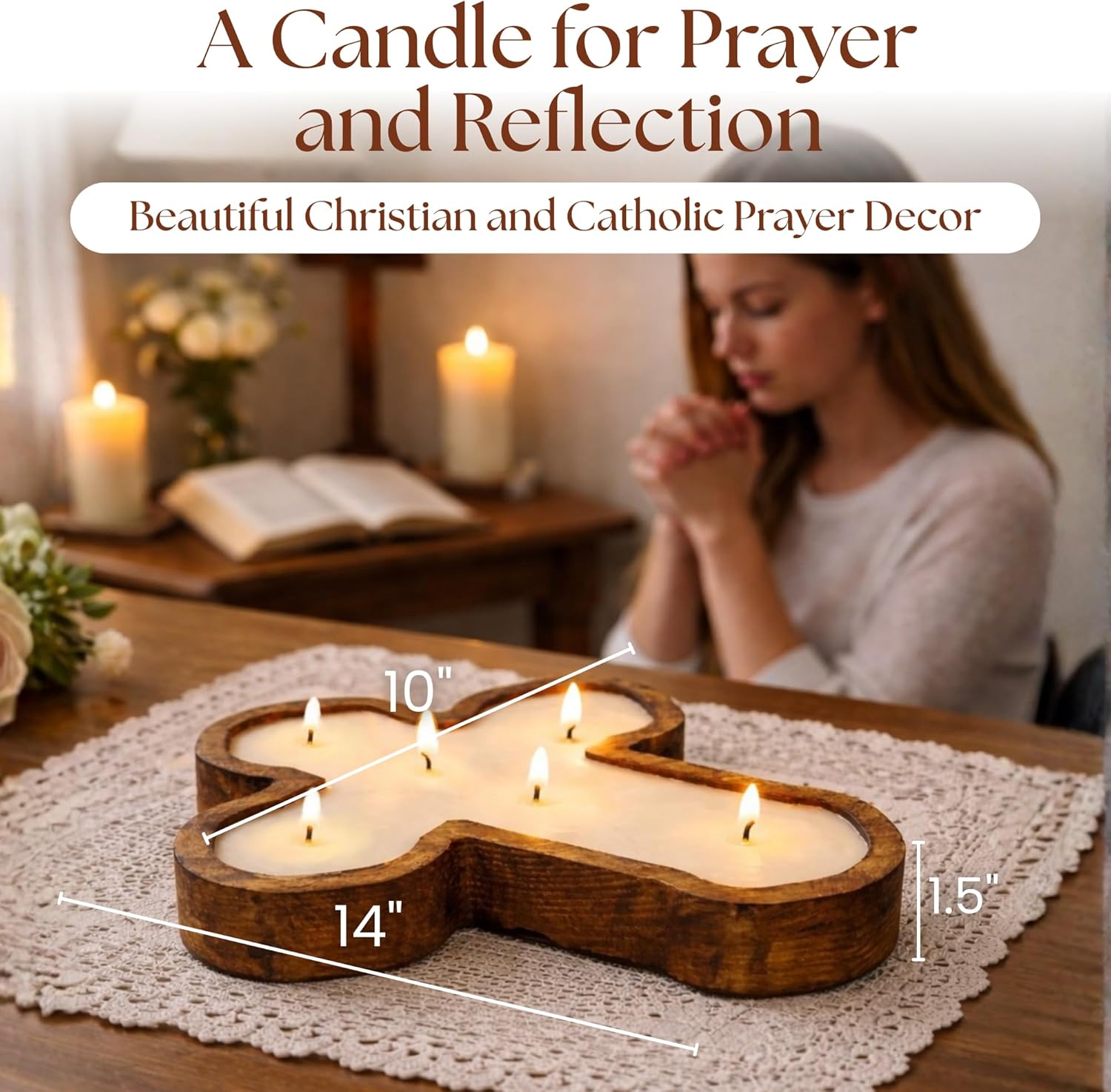 Dough Bowl Candle Co. Cross Candle - 14x10x1.5 Spiritual Prayer Candles for Lent, Altar, or Meditation, Christian Religious Decor for Home, 100% Soy Wax Catholic Gift, Floral Spring Religious Gifts