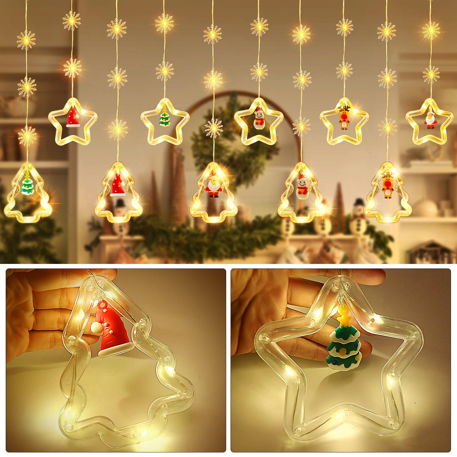 Rideau Lumineux De Noël,138 LED Guirlande Lumineuse De Noël 8 Modes D' Eclairage Et IP44 Etanche Intérieur Extérieur,Decoration De Fenêtre,Noël,Carnaval,Mariage,Anniversaire,Maison,Patio