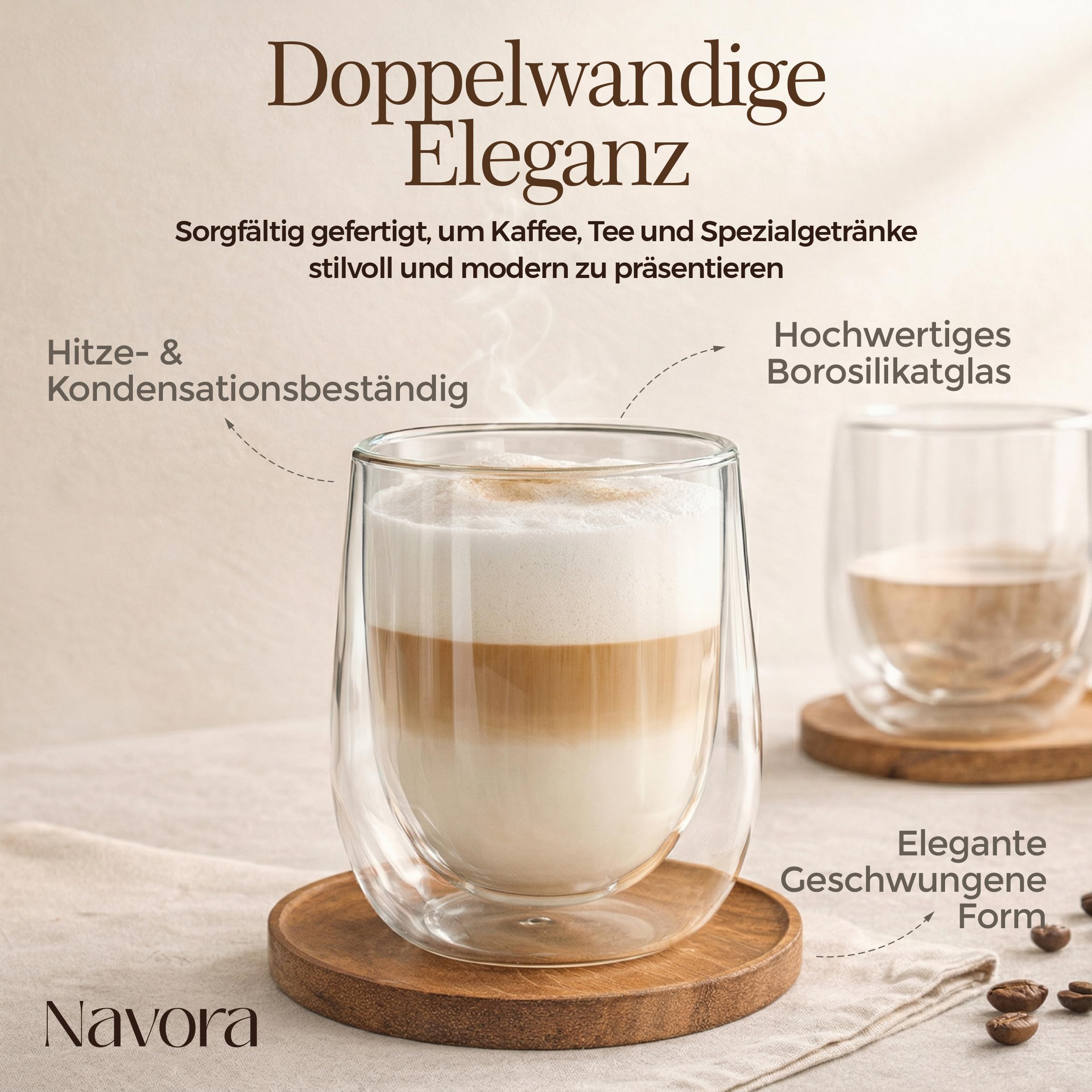 Latte Macchiato Gläser Doppelwandig 6er Set 350ml Akazienholz Tablett Thermogläser Cappuccino Kaffeegläser Borosilikatglas Hitzebeständig BPA frei Spülmaschinenfest
