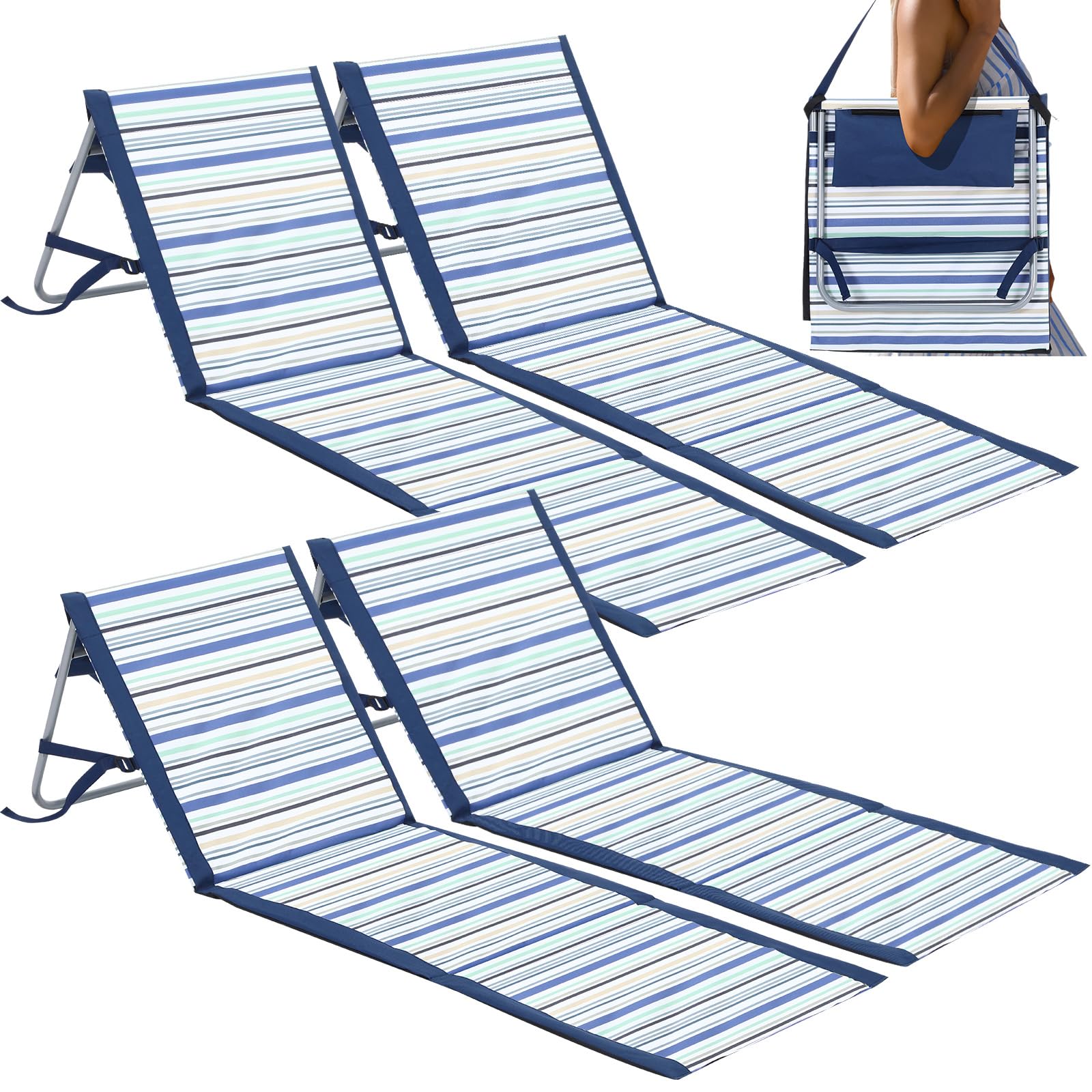 4 Pcs Lightweight Beach Lounger Chair for Adults Portable Folding Tanning Mat Lawn Outdoor Travel Picnic Adjustable Lounger Sunbathing Lounge Chaise Pool Chairs for Patio Reclining