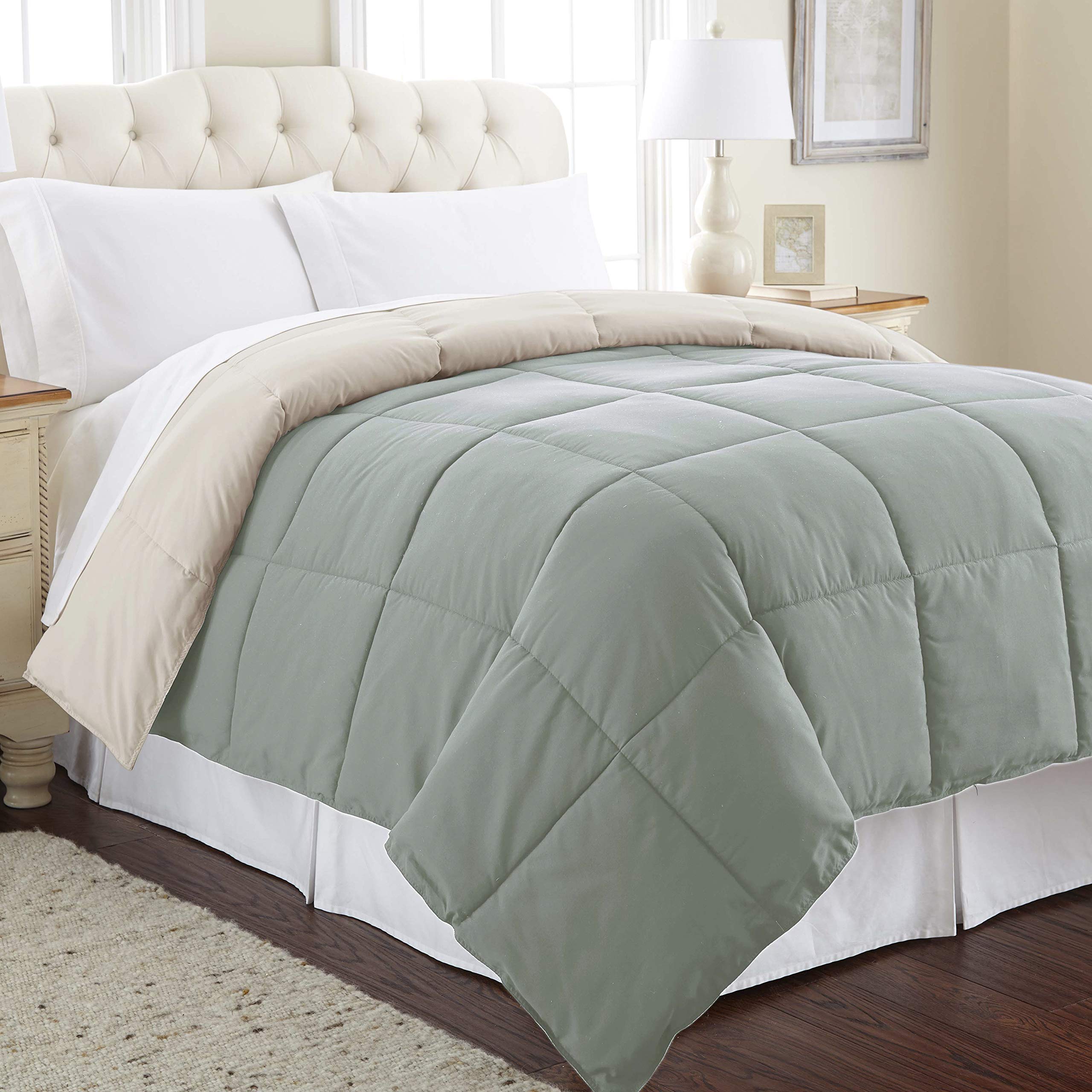modern threads down alternative microfiber quilted reversible comforter & duvet insert - soft, comfortable alternative to goose down - bedding for all seasons seafoam/almond twin