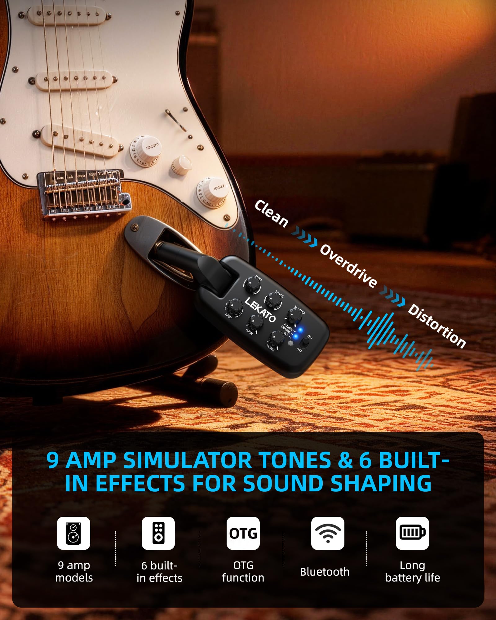 LEKATO Amplificatore per Cuffie da Chitarra, Amplificatore Portatile Plug-in per Pratica per Chitarra Elettrica e Basso, 9 Modelli di Amplificatore e 6 Effetti, Bluetooth 5.0, Spinotto Rotante a 180°