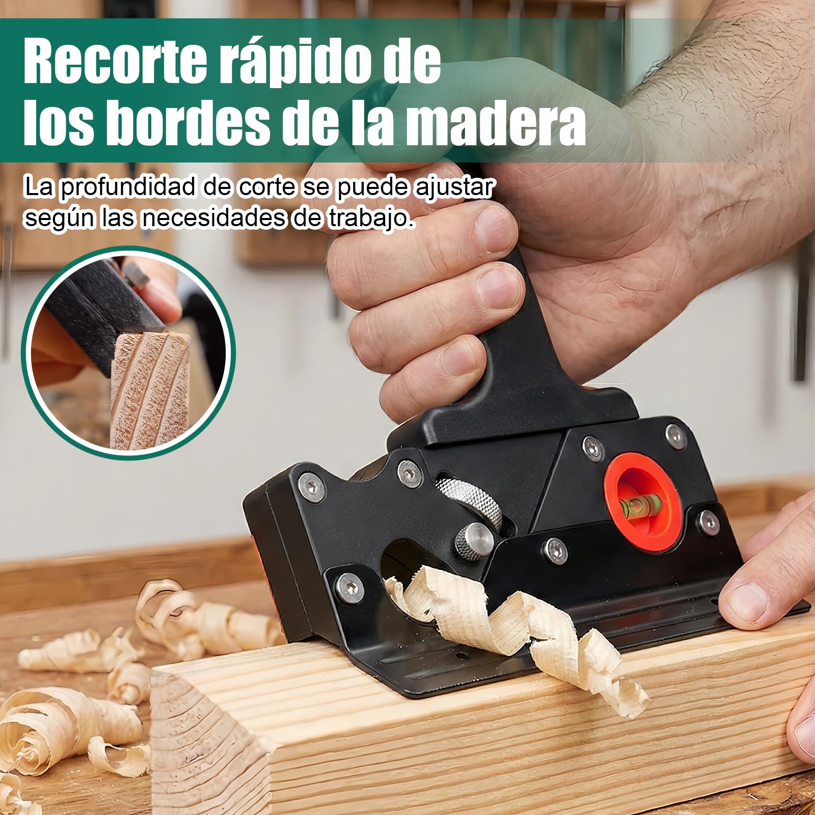 HYCHIKA Cepillo Carpintero, Cepillo para Madera de 45° con 4 Cabezales, Nivel de Burbuja y Mango Ergonómico, Cepilladora de Madera Manual para Cantos y Esquinas, Ideal para Carpinteros y Ebanistas