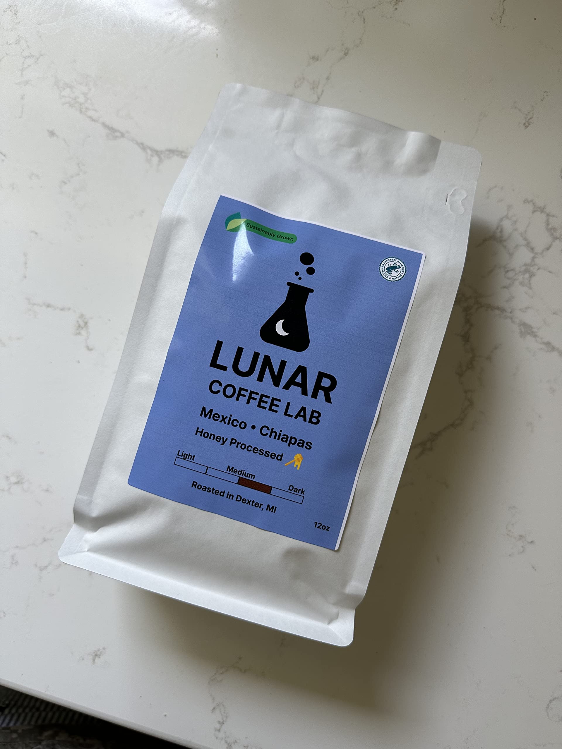 Lunar Coffee Lab Mexico Coffee - Honey Processed Medium Dark Roast Coffee - Sustainably Shade Grown Rainforest Certified Speciality Coffee (Whole Bean, 12oz)