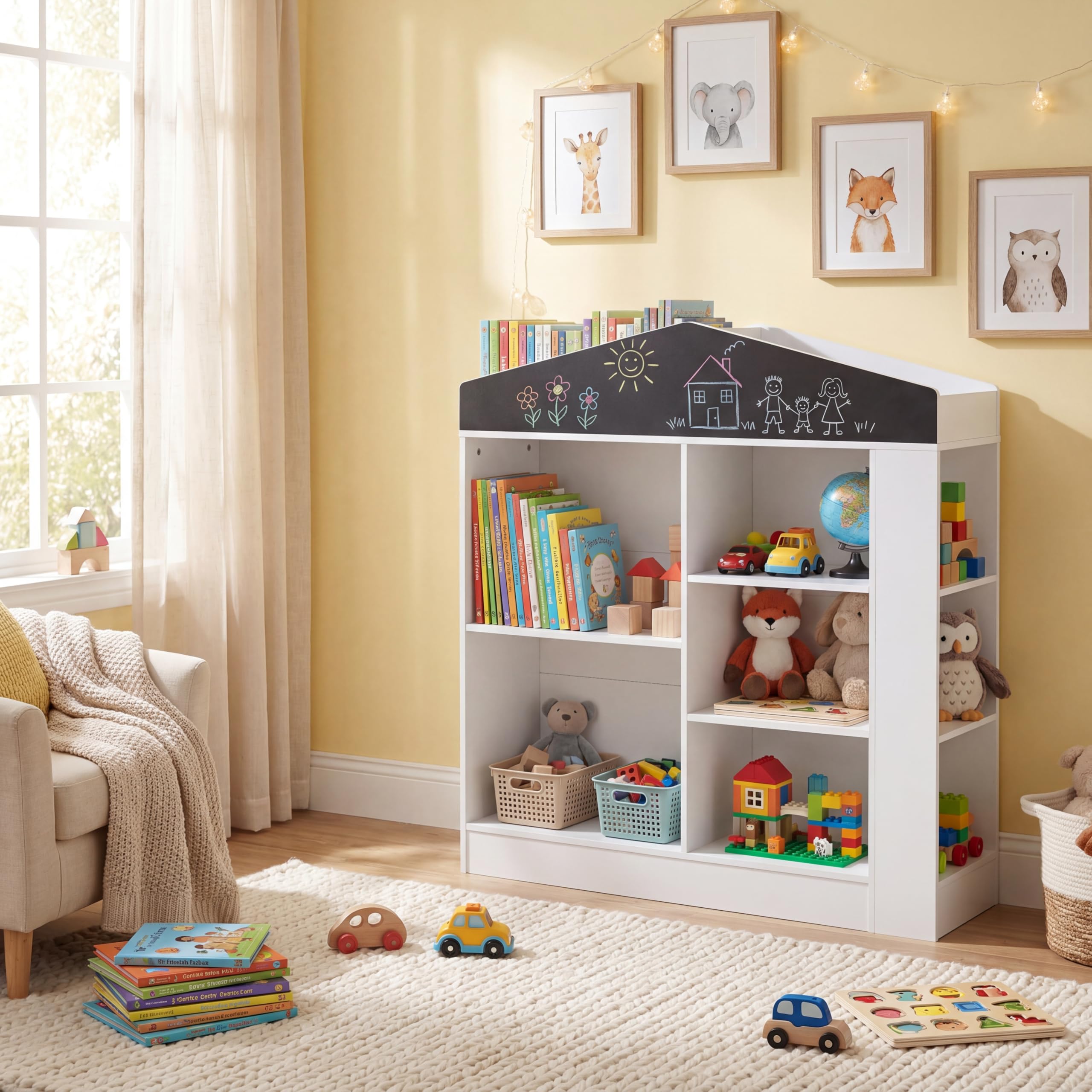 RELAX4LIFE Libreria Montessoriana per Bambini, Scaffale Portaoggetti con Scomparti e Lavagna, Libreria a Forma di Casa per Cameretta, Sala Giochi e Asilo Nido