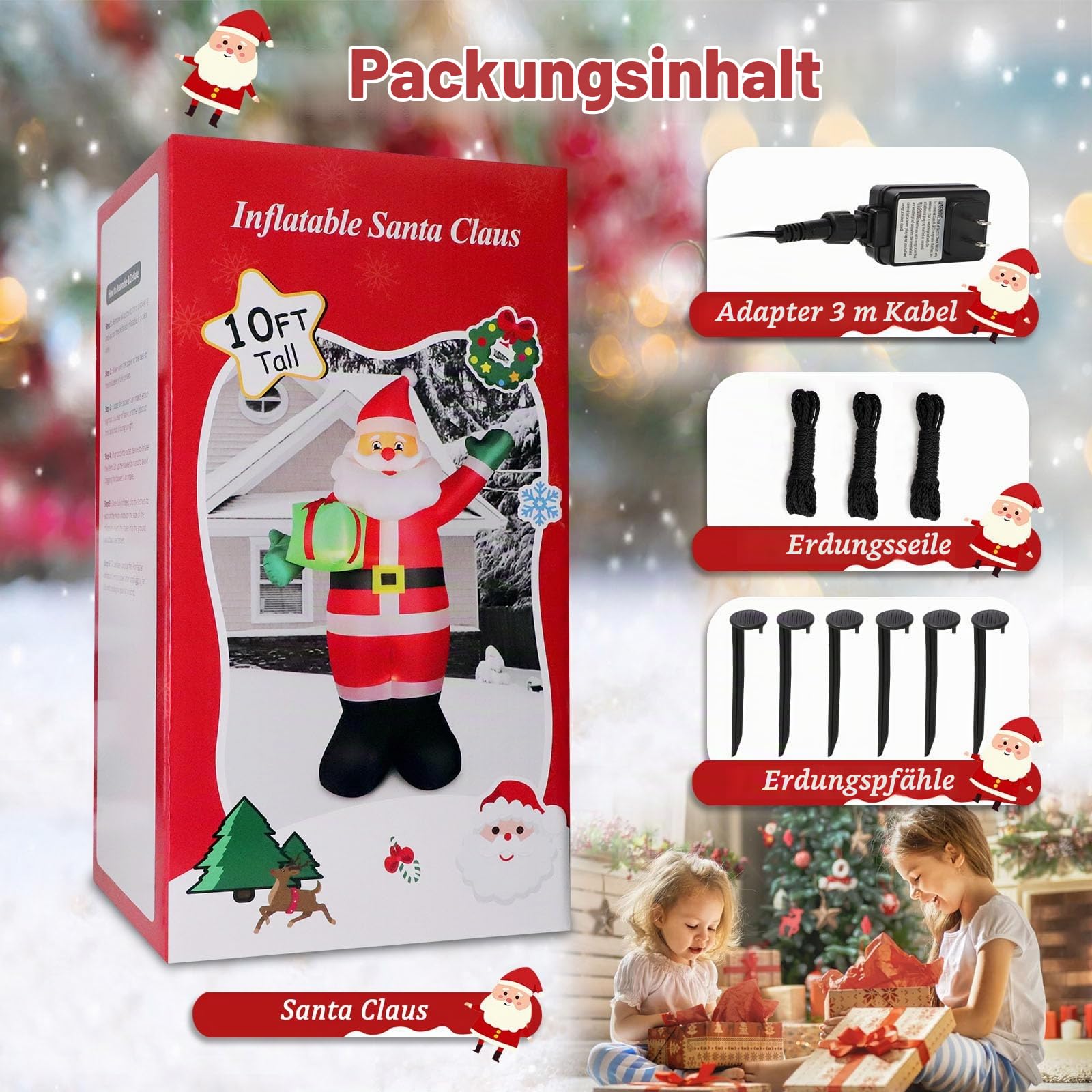 Aufblasbarer Weihnachtsmann 3 m mit LED Beleuchtung, riesige Weihnachtsdeko Außen, große Weihnachtsfigur mit Geschenkboxen, wetterfest & windstabil, Outdoor Weihnachtsbeleuchtung für Garten, Eingang