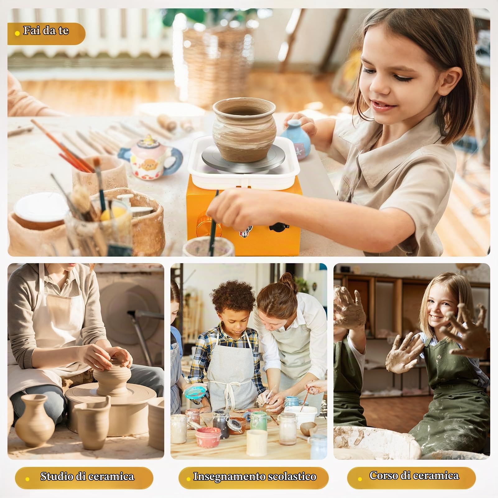 Tornio per Ceramica, Kooeuru Tornio per Argilla 2000 giri/min Velocità Regolabile con Piastre da 10/6,5 cm, Strumenti di Modellatura e Vasca Rimovibile, Tornio Ceramica per Bambini e Adulti, Giallo