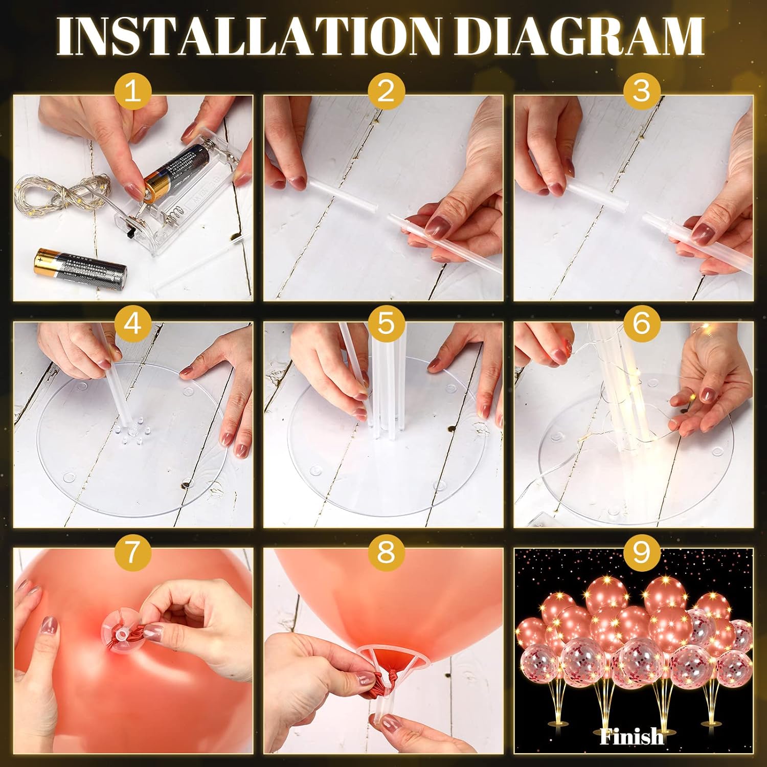 4 Set Table Balloon Stand Kit with Lights Balloons Holders Centerpieces for Table Light up Tabletop Centerpieces for Wedding Baby Shower Birthday Party Halloween Christmas(Rose Gold)