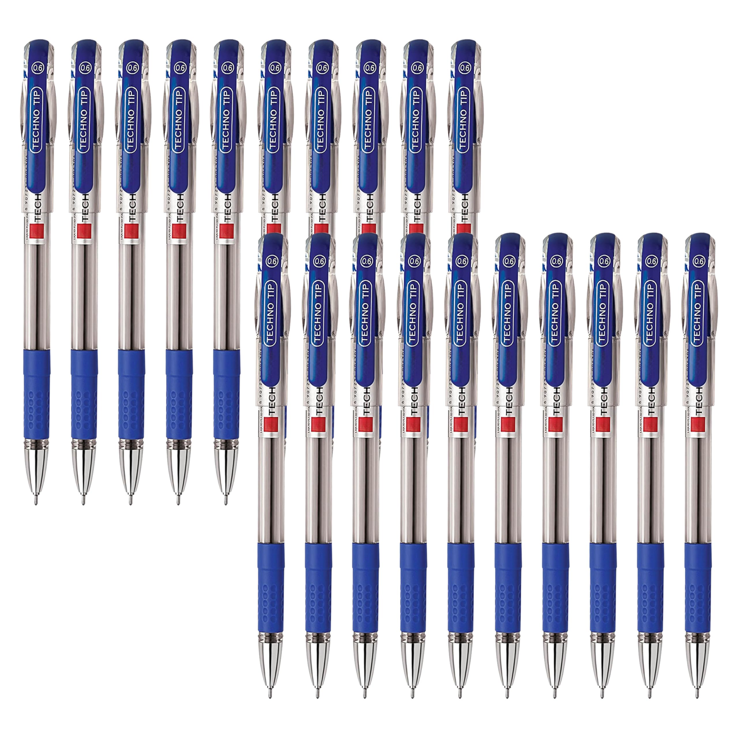 TECHNOTIP Ballpoint Pens, BLUE, Fine Point (0.6mm), Pack of 20, Elasto Grip, Fine Writing Ball Pens, Perfect for School Office Home Use, iZOFAX Black Ball Pen