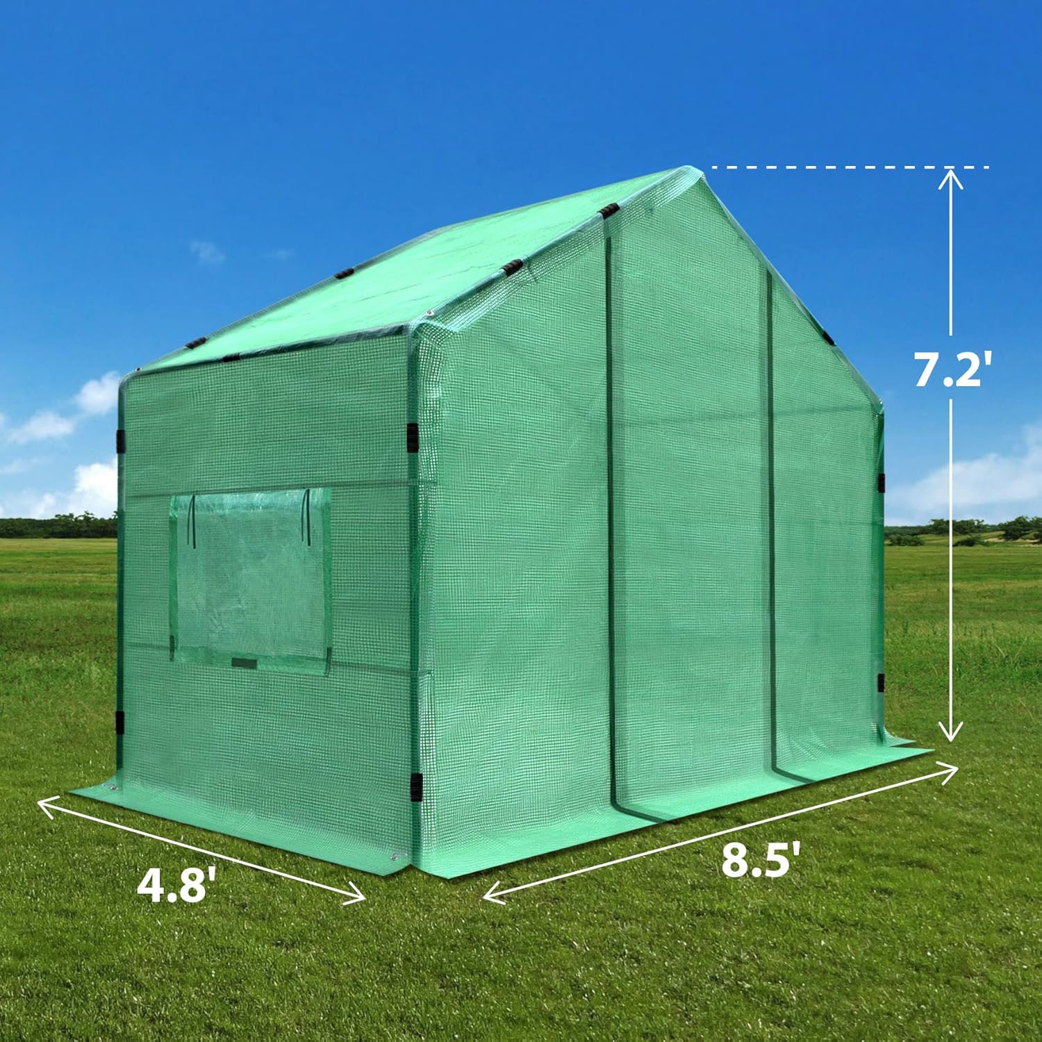 BenefitUSA 4.8x8.5x7.2'H Large Walk-in Peak Roof Greenhouse with 2 Zipper Doors & Windows (Green)