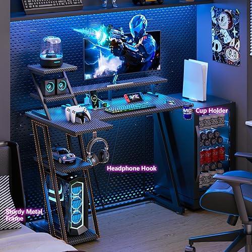 Miniatura 6 de Escritorio de juegos de 39 pulgadas con luces LED y toma de corriente, escritorio pequeño para computadora de juegos con estantes de almacenamiento,