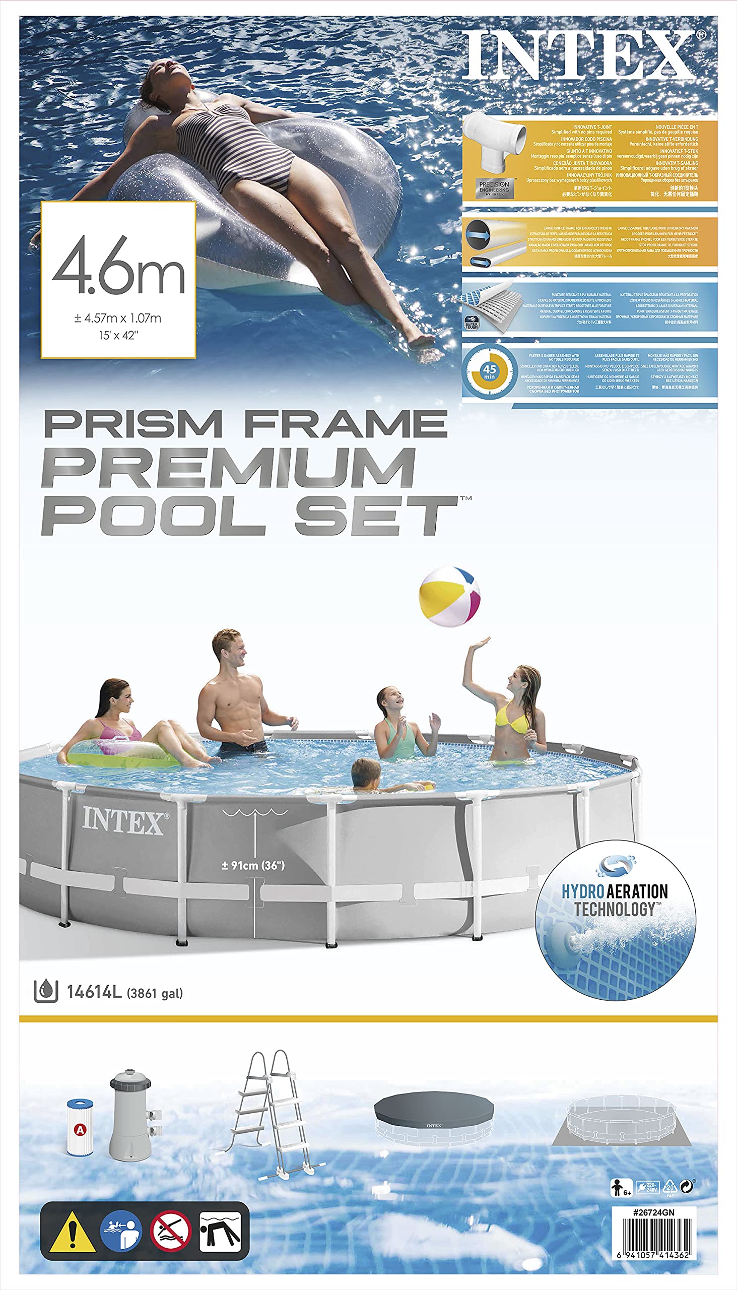 INTEX "PrismFrame" Pool rund Aufstellpool Komplettset (Ø 457 x 107 cm) inkl. 12V Filterpumpe Leiter, Bodenplane & Abdeckfolie Familienpool Swimmingpool Volumen ca 14.614l, blau (26724GN)