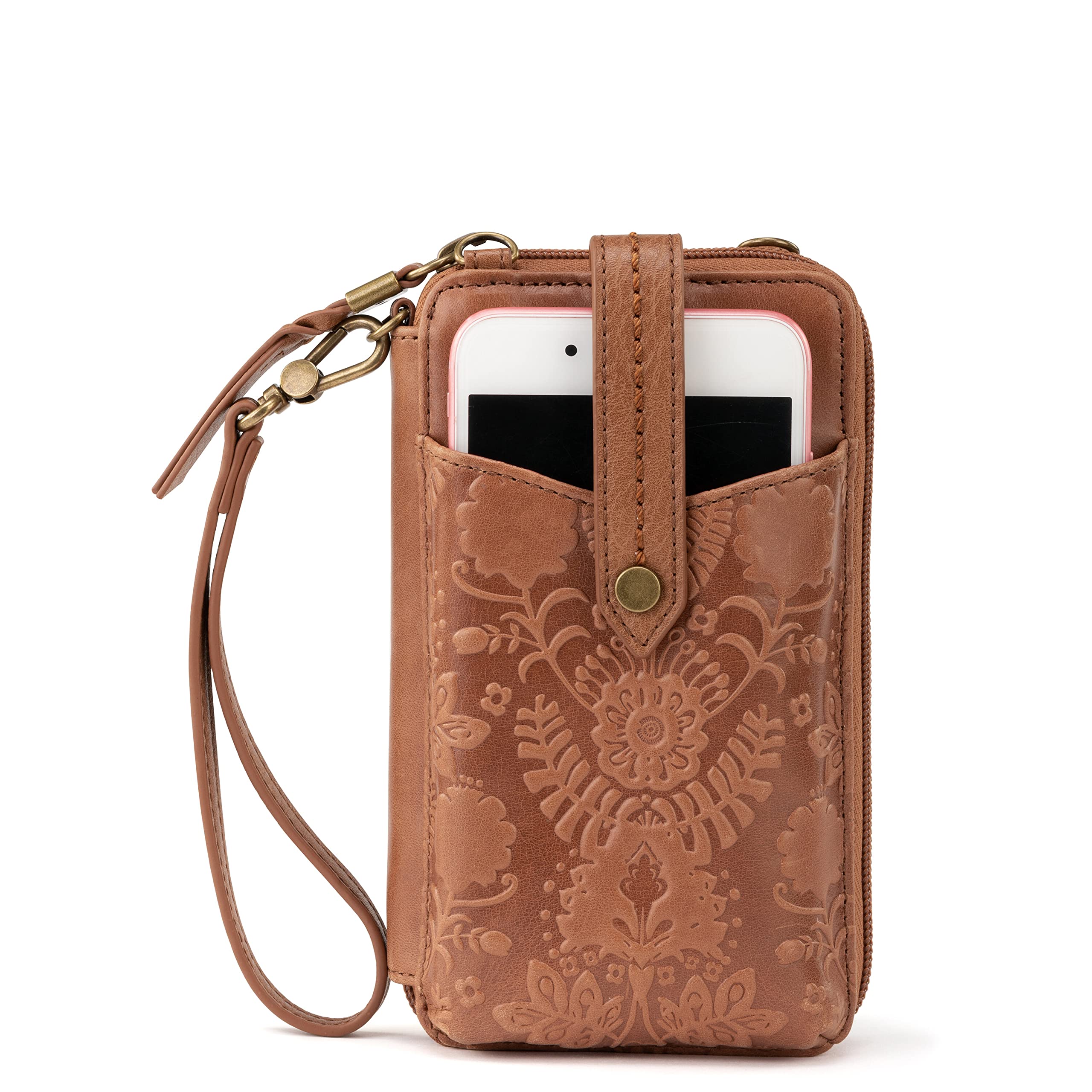 The Sak Women's N/S Silverlake Smartphone Crossbody Bag in Leather, Adjustable Strap, Tobacco Floral Embossed, One Size