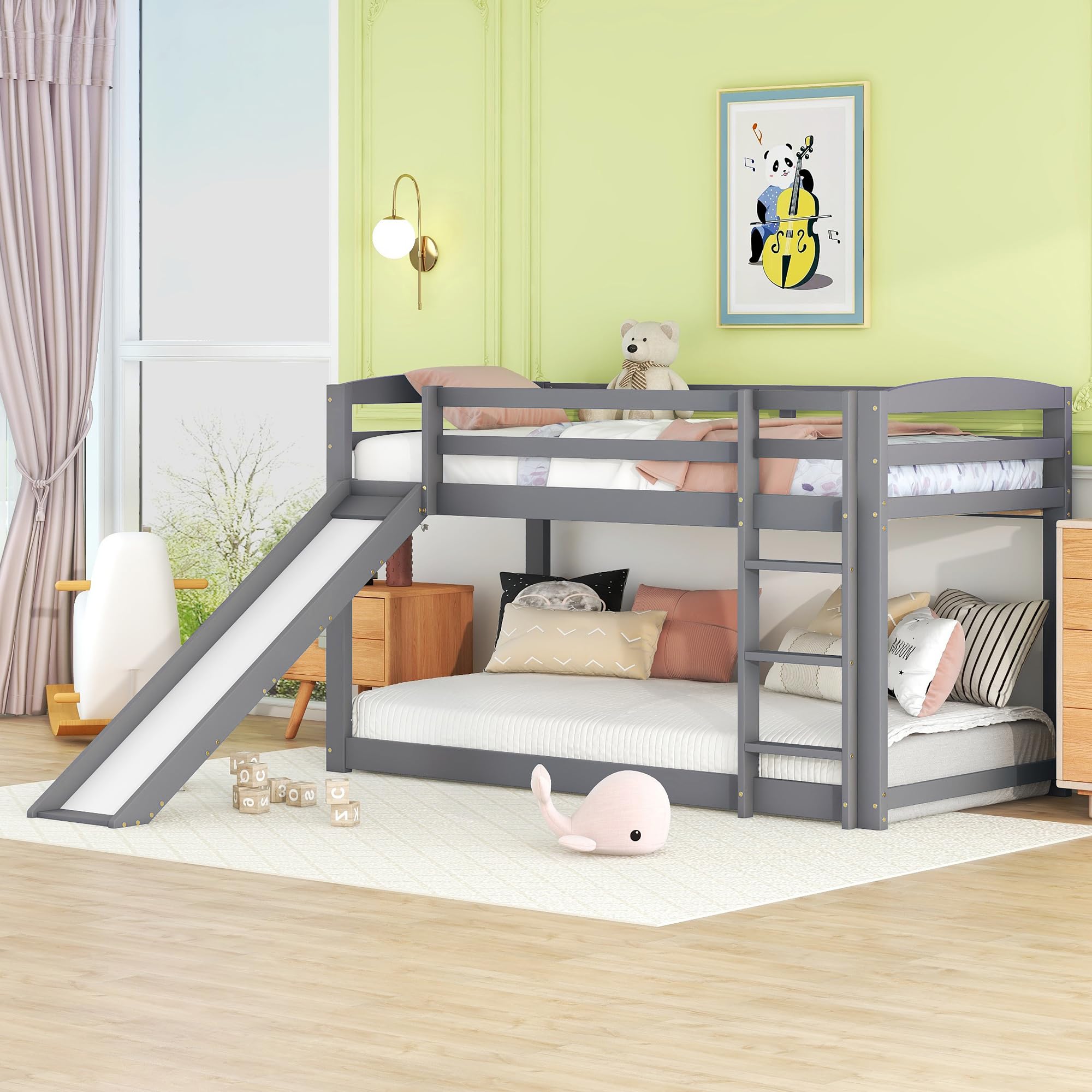 Etagenbett für Kinder und Jugendliche, Kinderbett mit Rutsche, Massivholzrahmen, einfache Montage, 90X200cm (Grau)