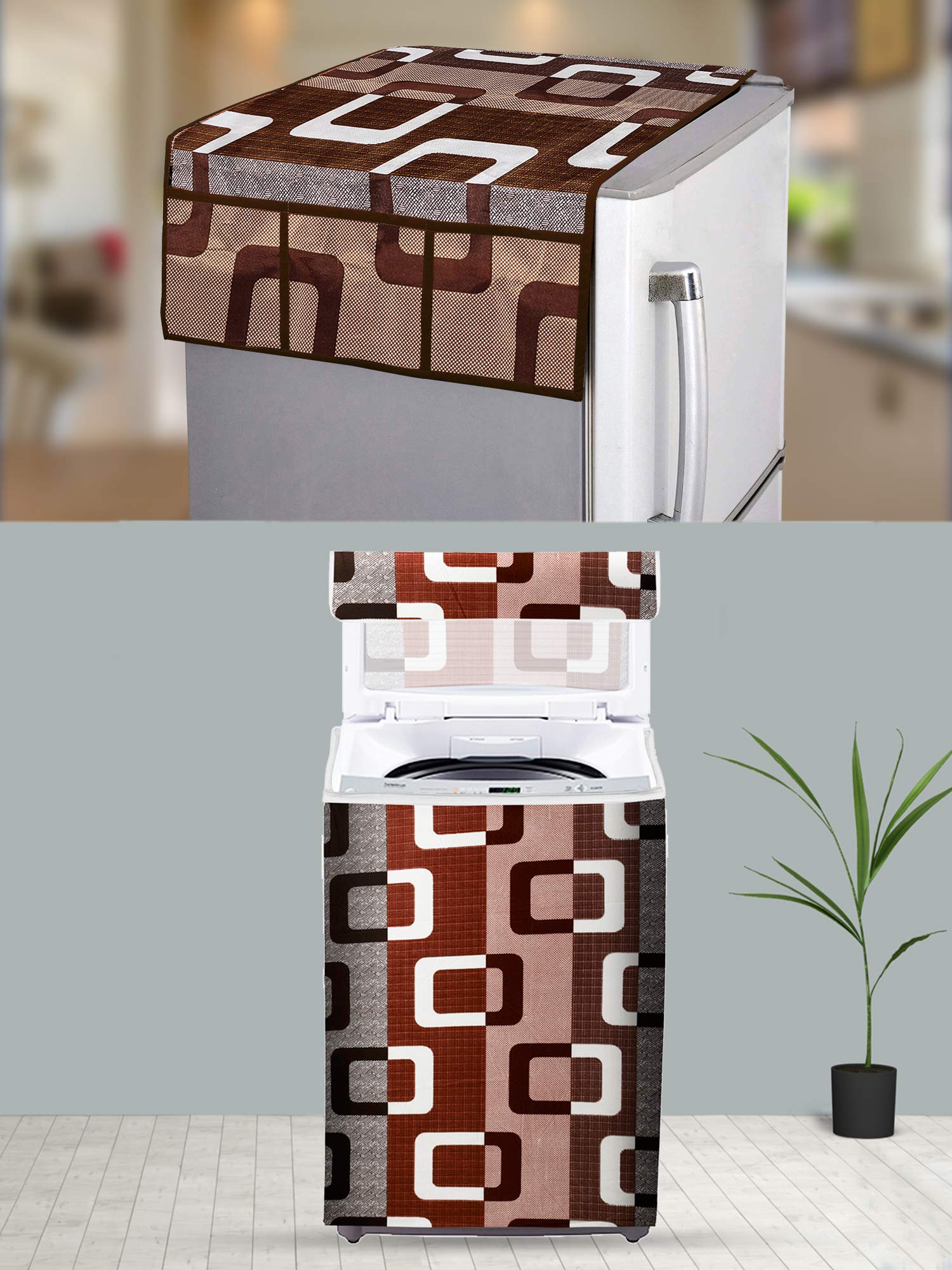 E-Retailer® Combo Set of Top Load Washing Machine Cover for 5 Kg to 7.5 Kg and Fridge Top Cover with 6 Utility Pockets (Brown, Set of 2 Pcs)
