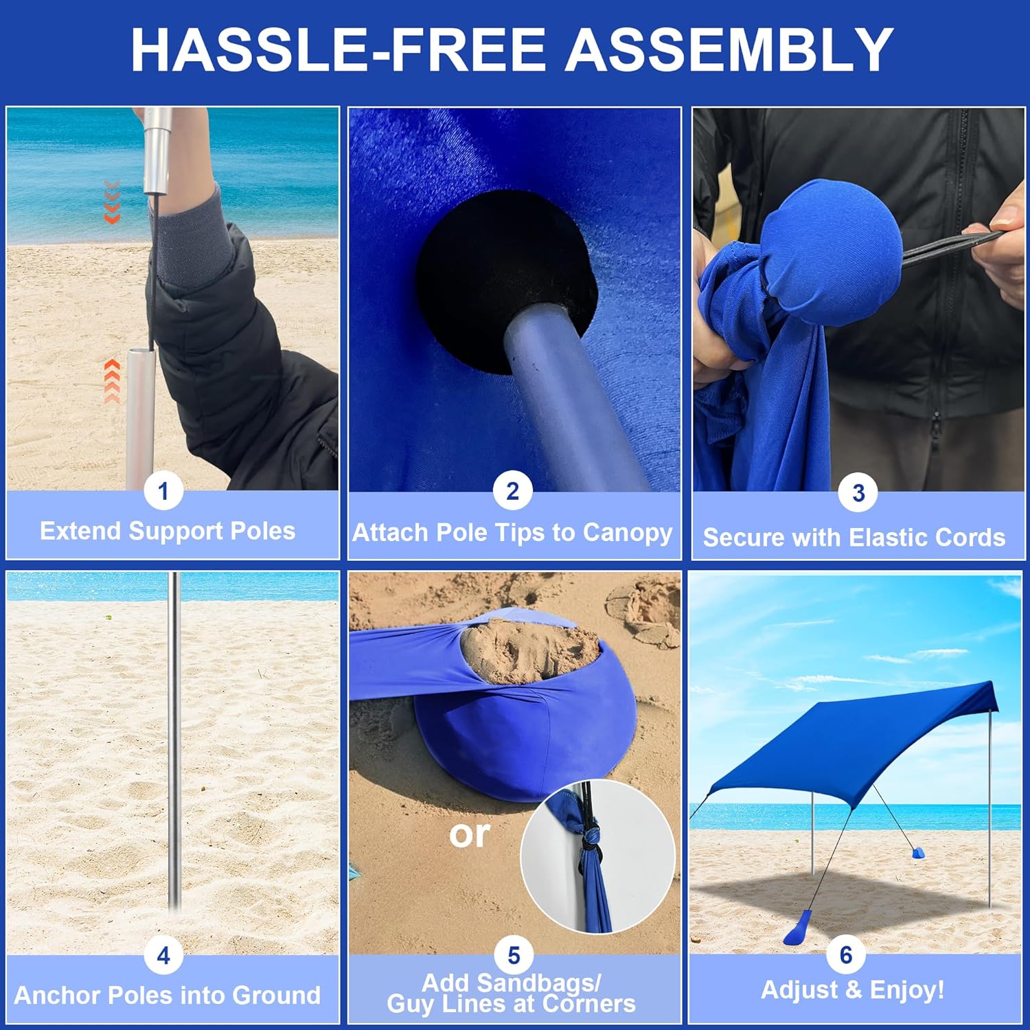 Beach Tent Sun Shelter UPF50+ with Sandbags, Sand Shovel & Windproof Poles - Portable Pop Up Canopy for Beach, Camping, Picnics, Backyard & Fishing (Royal Blue,6.9x6.5FT)