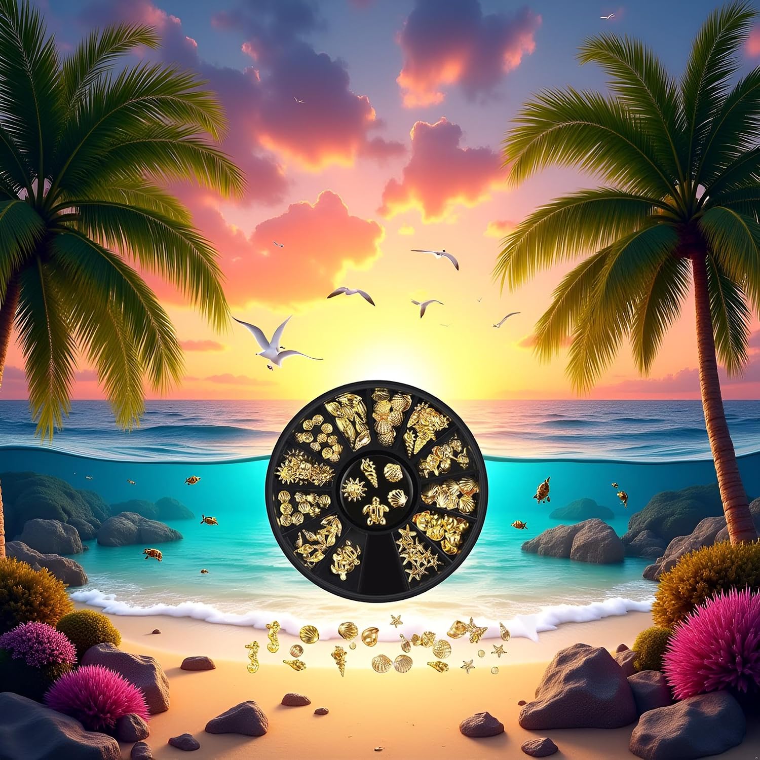 12 Styles Golds Nail Art Metal Studs Golds Metallic 3D Pieces Rivet Palm Tree Turtles Marine Life Charms for Summer Beach Ocean Manicure DIY Acrylic Nails Design Supply (Gold Ocean Studs)