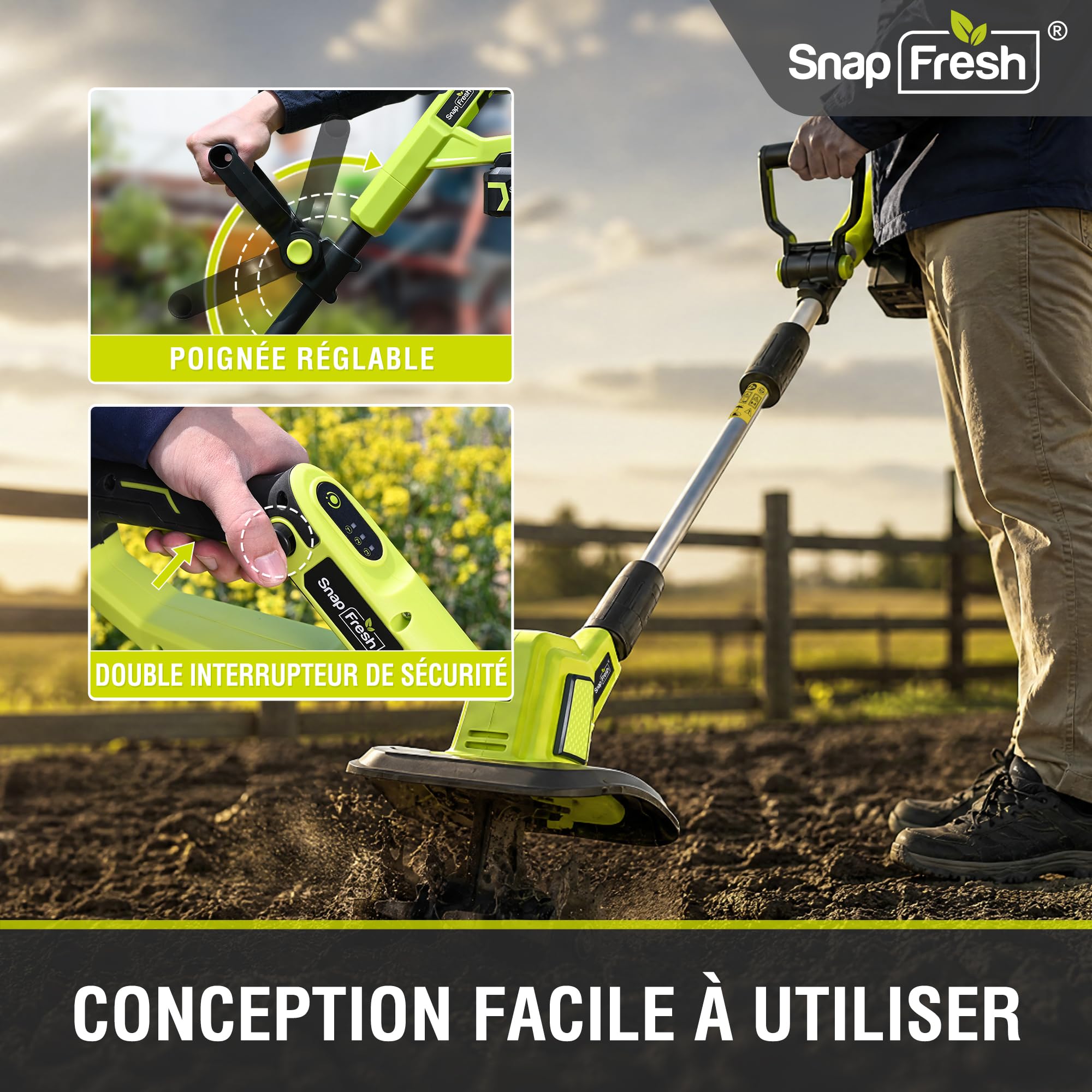 SnapFresh Motobineuse sur Batterie sans Fil 20V - Fraise de Jardin électrique avec Batterie 4,0 Ah et Chargeur Rapide pour Planches de Jardin