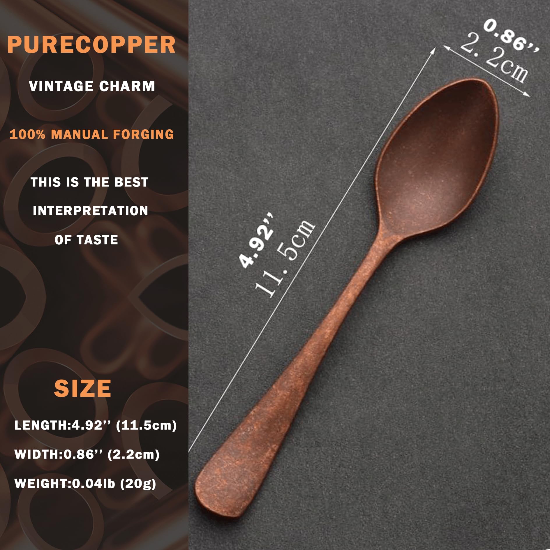 Cucharilla vintage de 4.92 pulgadas, cuchara de cobre envejecido forjada a mano para el hogar y el restaurante, elegantes accesorios de cocina de cobre (4)