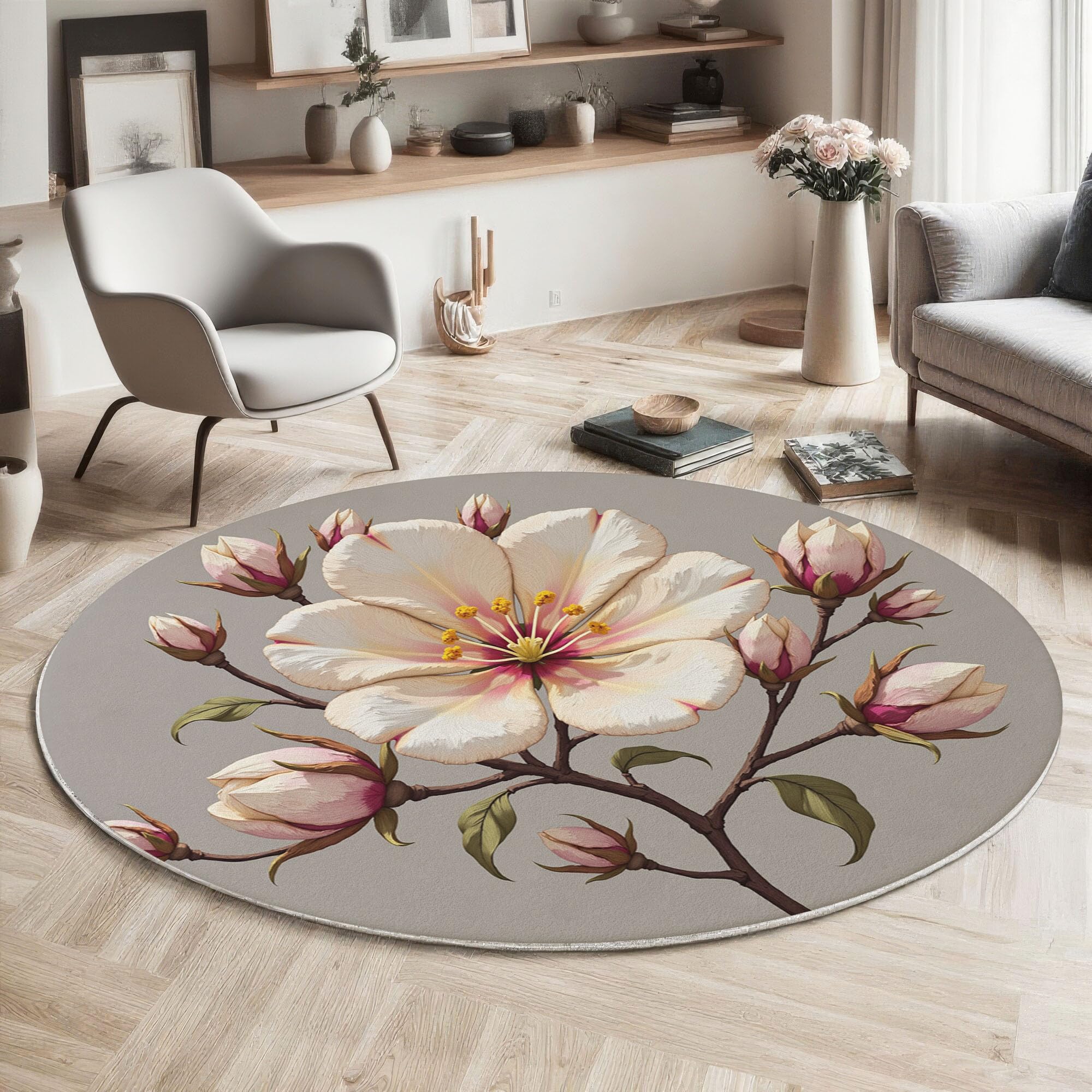 Tapis rond fleurs beige clair doux pour le sol du salon