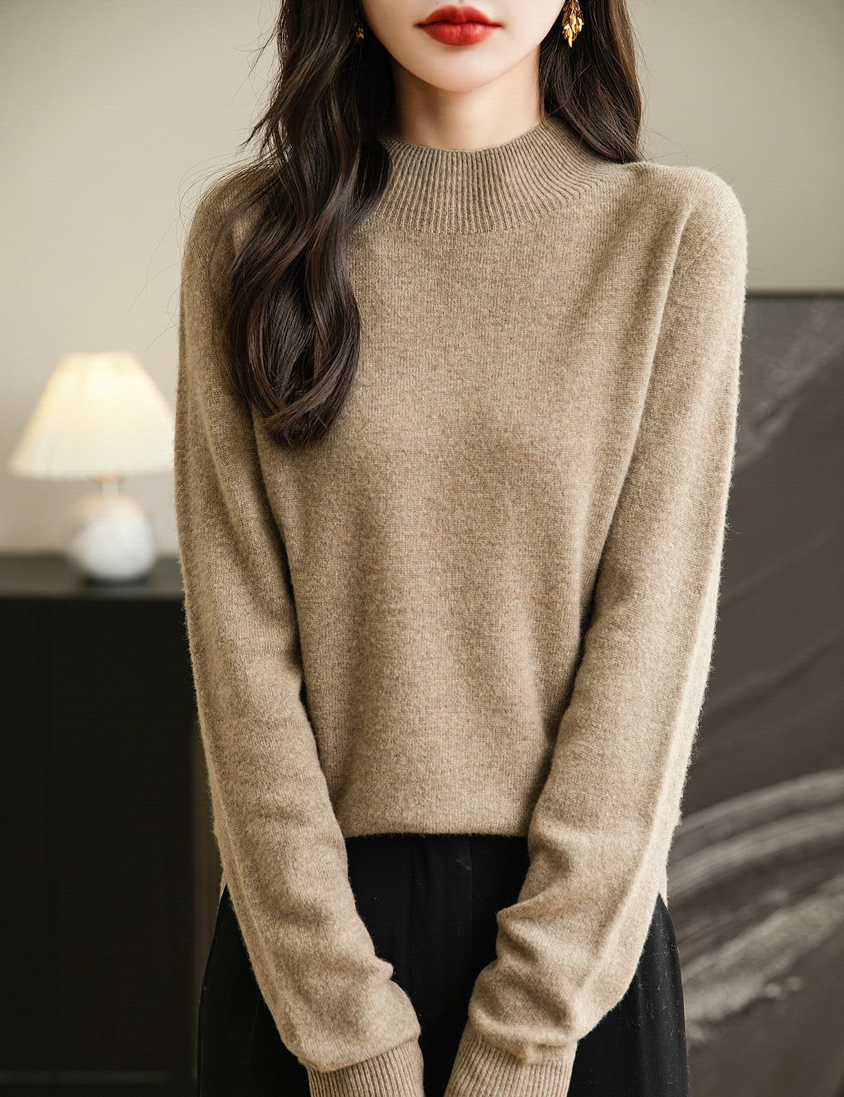 Chanyarn 100% Lana Merina Mujer Jersey de Cuello Simulado Manga Larga Suéter Primavera Otoño Sin Costura Jersey de Punto