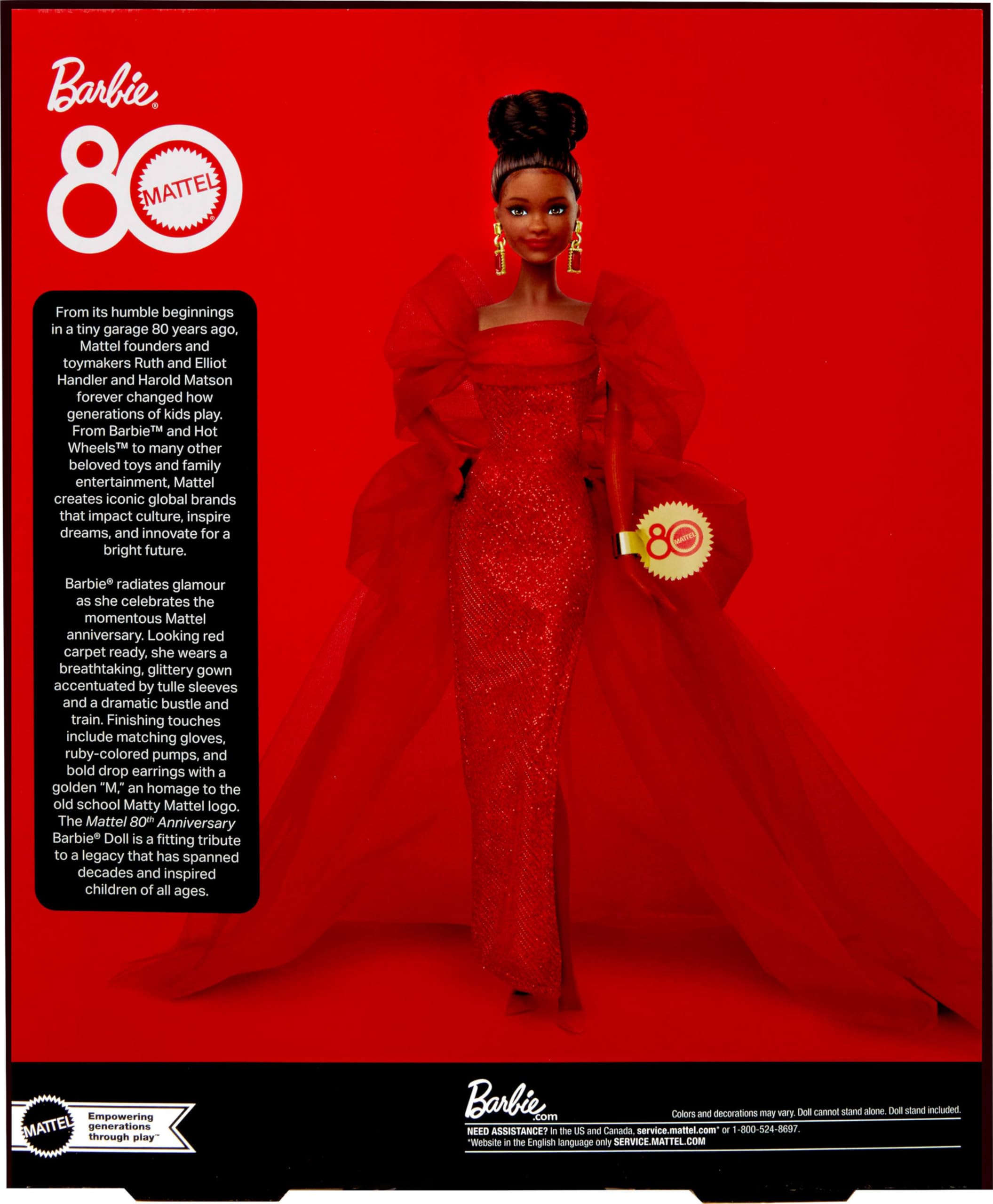 Barbie Signature Puppe, Sammelfigur zum 80. Jubiläum von Mattel in glitzerndem rotem Tüllkleid mit tropfenförmigen Ohrringen und hauchzarten Handschuhen, brünett, JBJ18