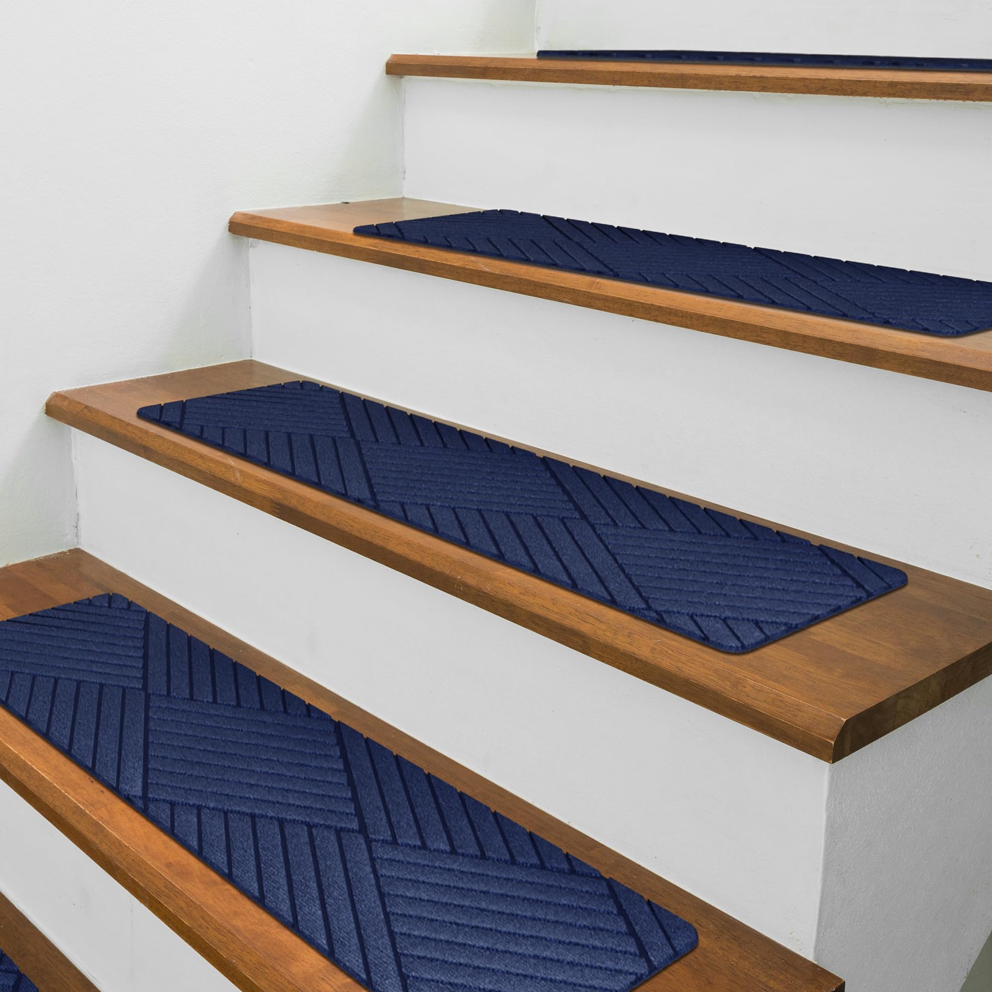 Non Slip Stair Treads for Wooden Steps Indoor (15 Set) - Stair Runners for Wooden Steps Non Slip Carpet w Easy-to-Peel Back Staircase Step Treads & Stair Carpet Protector for Elders Kids Pets (Blue)