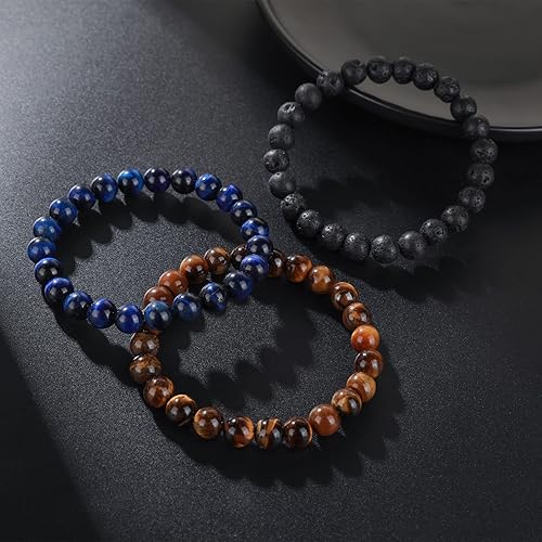 Miniatura 9 de RANKEEF - Pulsera de ojo de tigre para hombre, elástica, ajustable, cuentas de vidrio color negro, 516 de pulgada