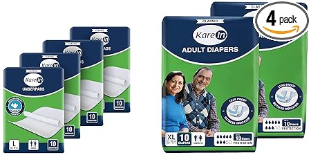 Kare Med Underpads Large,Size 60 x 90cm,40 Pcs, Pack of 4 & KareMed Adult Diaper Extra Large,Waist Size 127-165cm (50