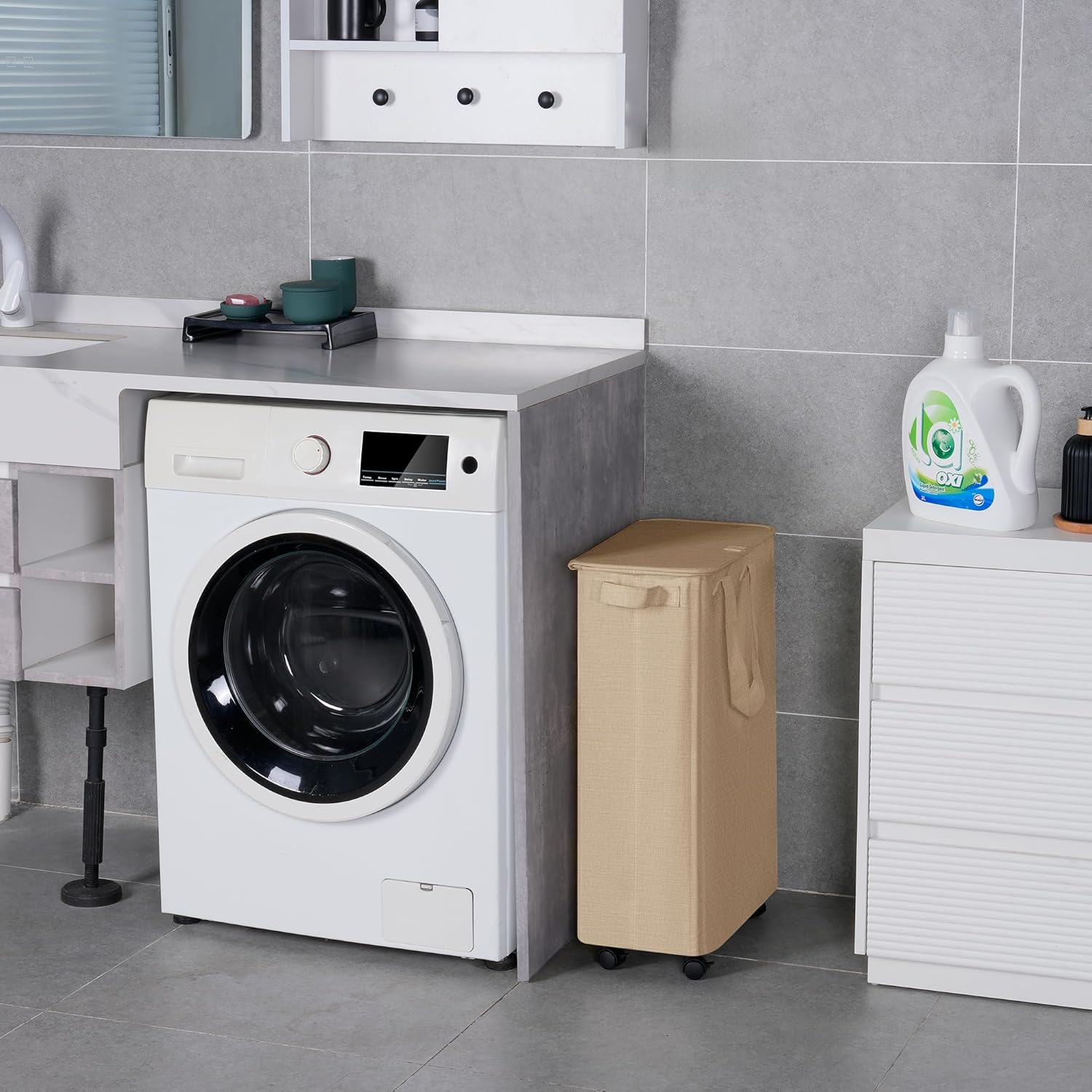 Vincona Slim Laundry Hamper with Lid and Wheels, Small Rolling Laundry Basket with Handle for Small Spaces, Tall Dirty Clothes Hampers for Dorm, Bathroom and Bedroom, 55L, Oatmeal
