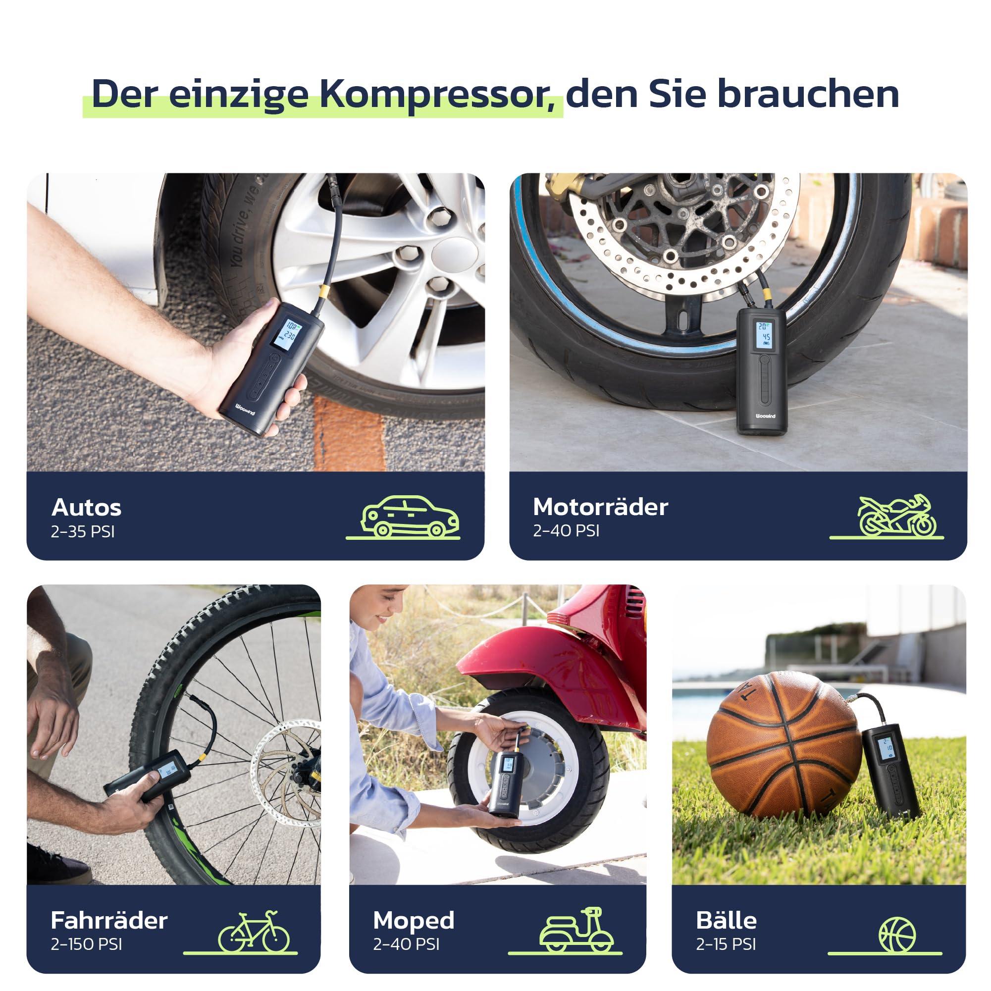 Woowind Akku Kompressor mit Powerbank, Auto Fahrrad Motorrad Bälle | Fahrradpumpe Elektrisch, Akku Kompressor, 2-Minuten-Aufpumpen, LCD-Display, LED-Licht