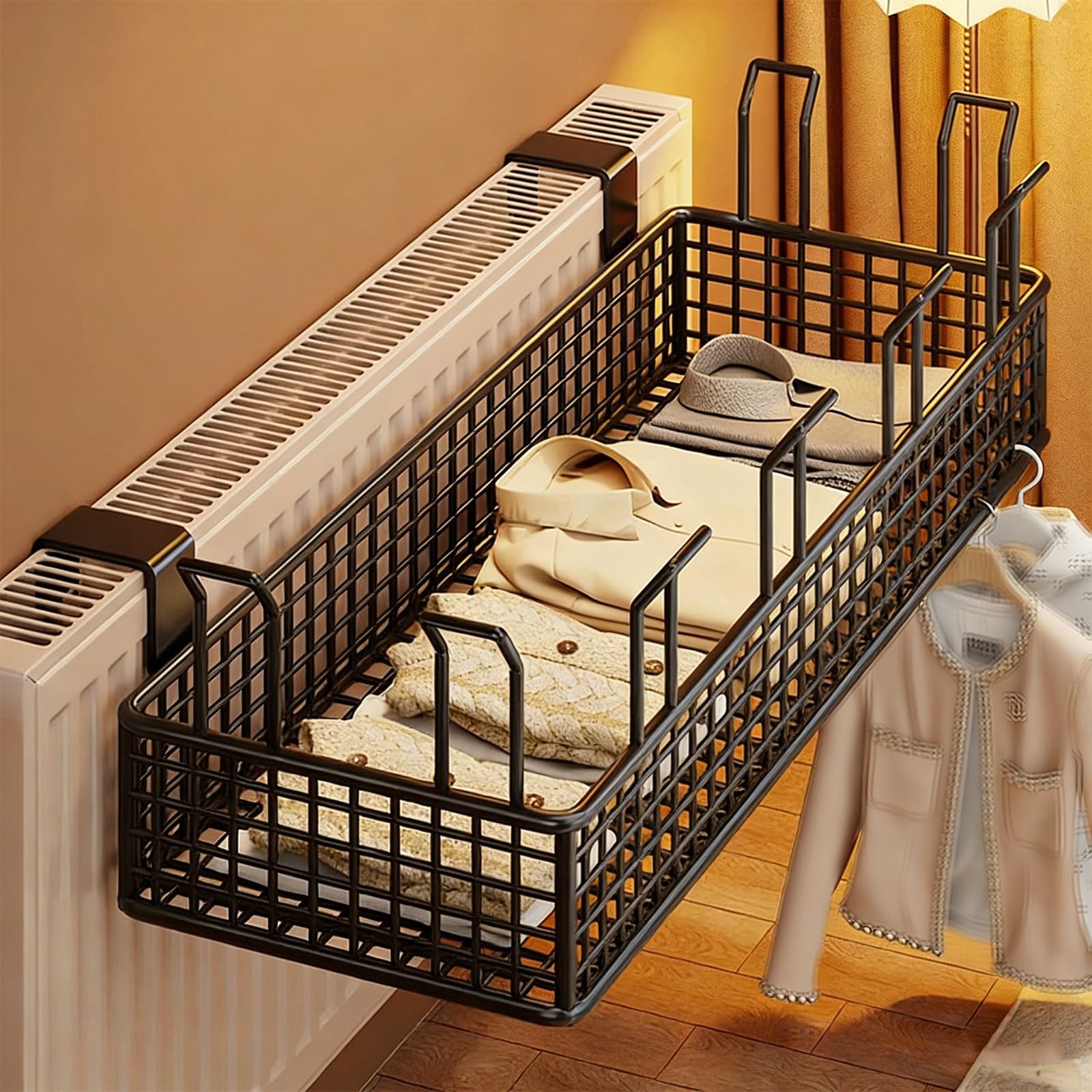 Pxamortel Black Floating Radiator Storage Shelf Rack Wrought Iron Hanging Radiator Shelf, White, Multiple Sizes, No Drill, Strong(,50X21x13cm)