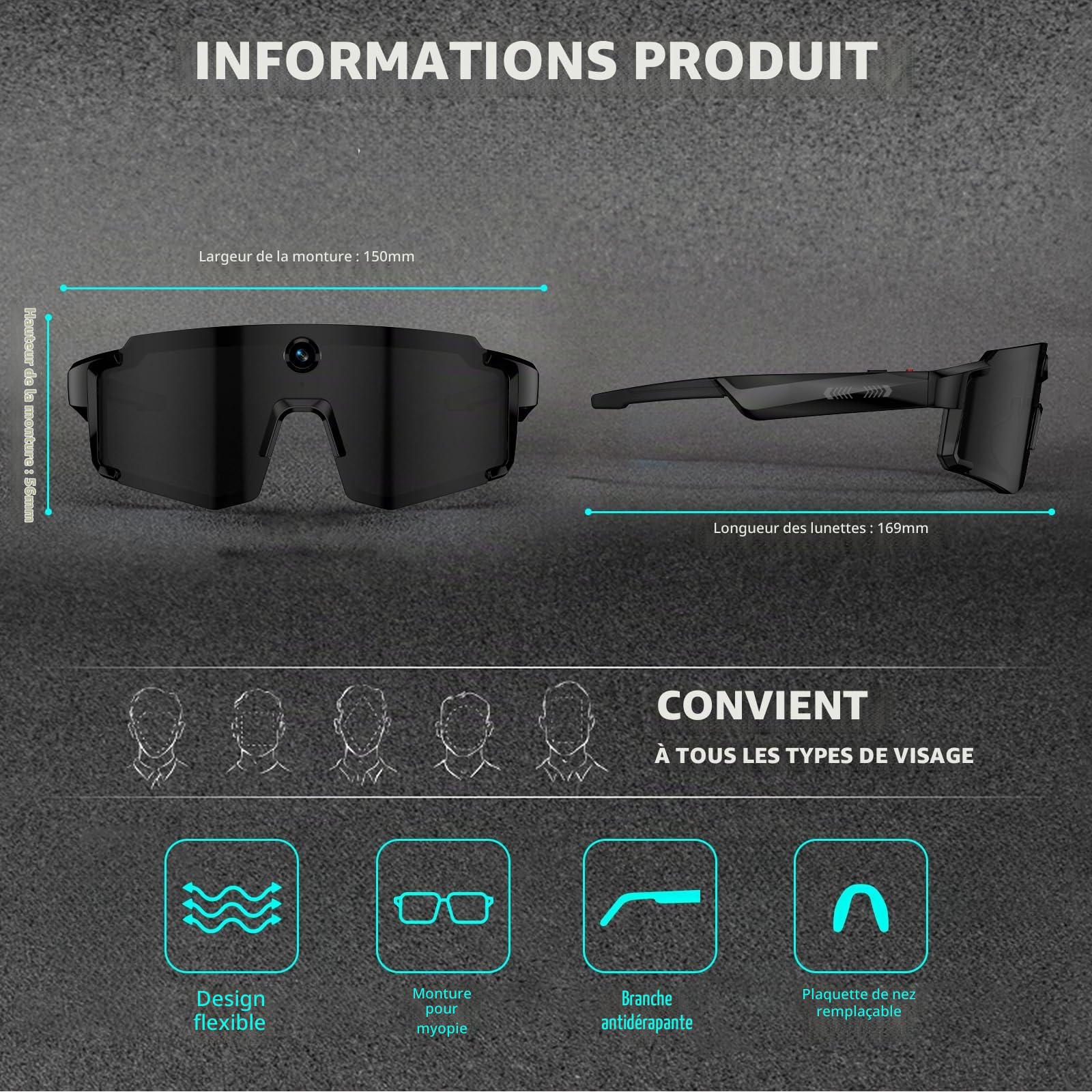 Lunettes Caméra 8MP Sport-Lunette Connectées avec Verres Anti-éblouissants