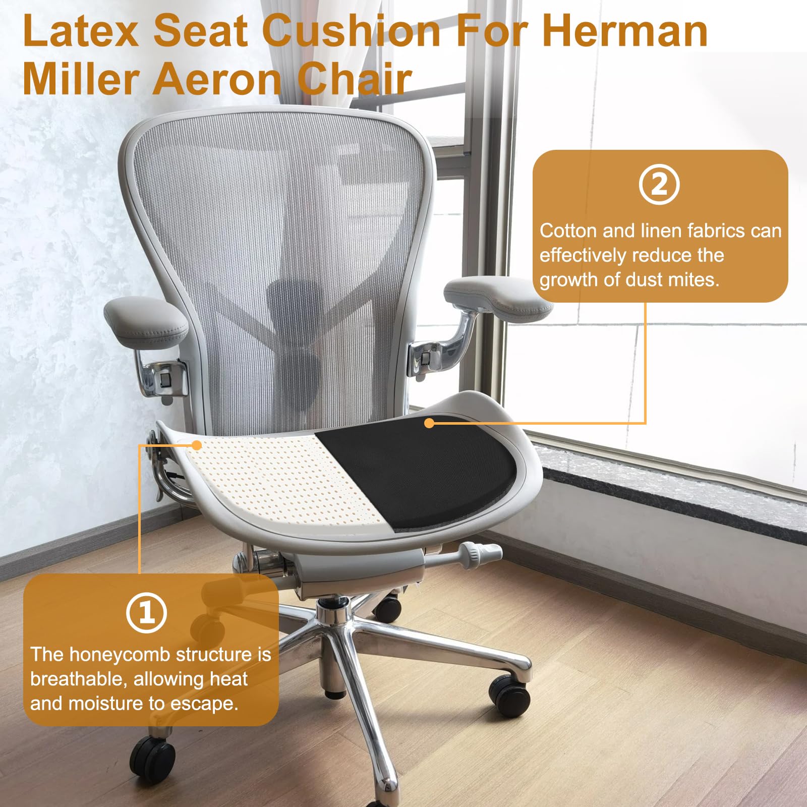 Cojín de asiento para silla Herman Miller Aeron, cojín ergonómico de látex natural, tapete de asiento suave y cómodo (se ajusta a tamaño A/B/C) (negro)