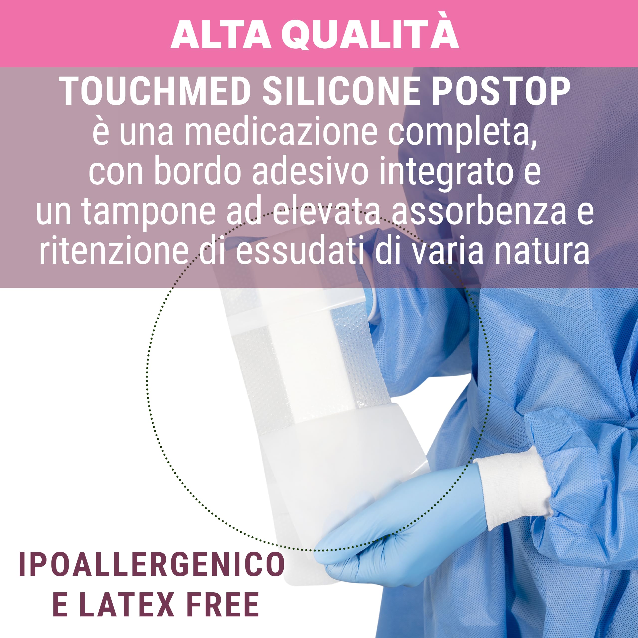 TOUCHMED Medicazione Sterile Adesiva in Silicone con Compressa Assorbente - 10x30 cm - Traspirante e Impermeabile - PAD Antiaderente - Monouso - Confezione da 10 Buste