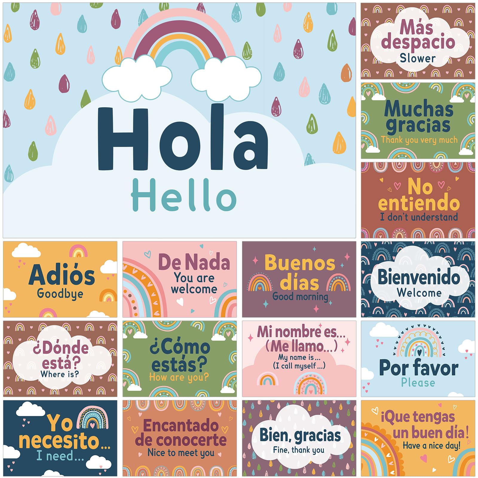 Sinload 16 Pcs Spanish Posters Spanish Phrases Classroom Decorations Spanish English Bulletin Board Set Bilingual Educational Materials for Teachers Primary Preschool Wall Decor(Boho)