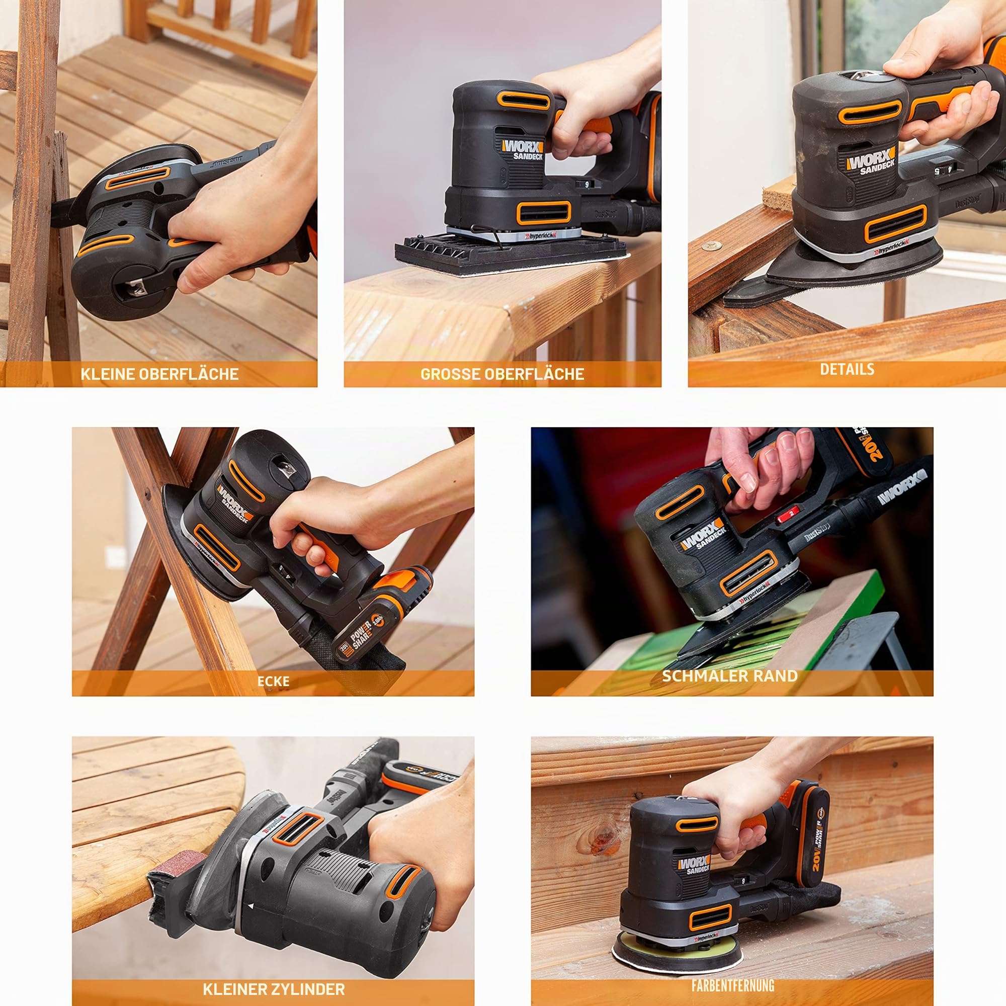 WORX WX820.9 Akku-Multischleifer – 5-in-1 Funktionen: Exzenter-, Fein-, Detail-, Konturen-, und Fingerschleifer – variable Geschwindigkeit – PowerShare kompatibel – Ohne Akku & Ladegerät, Schwarz